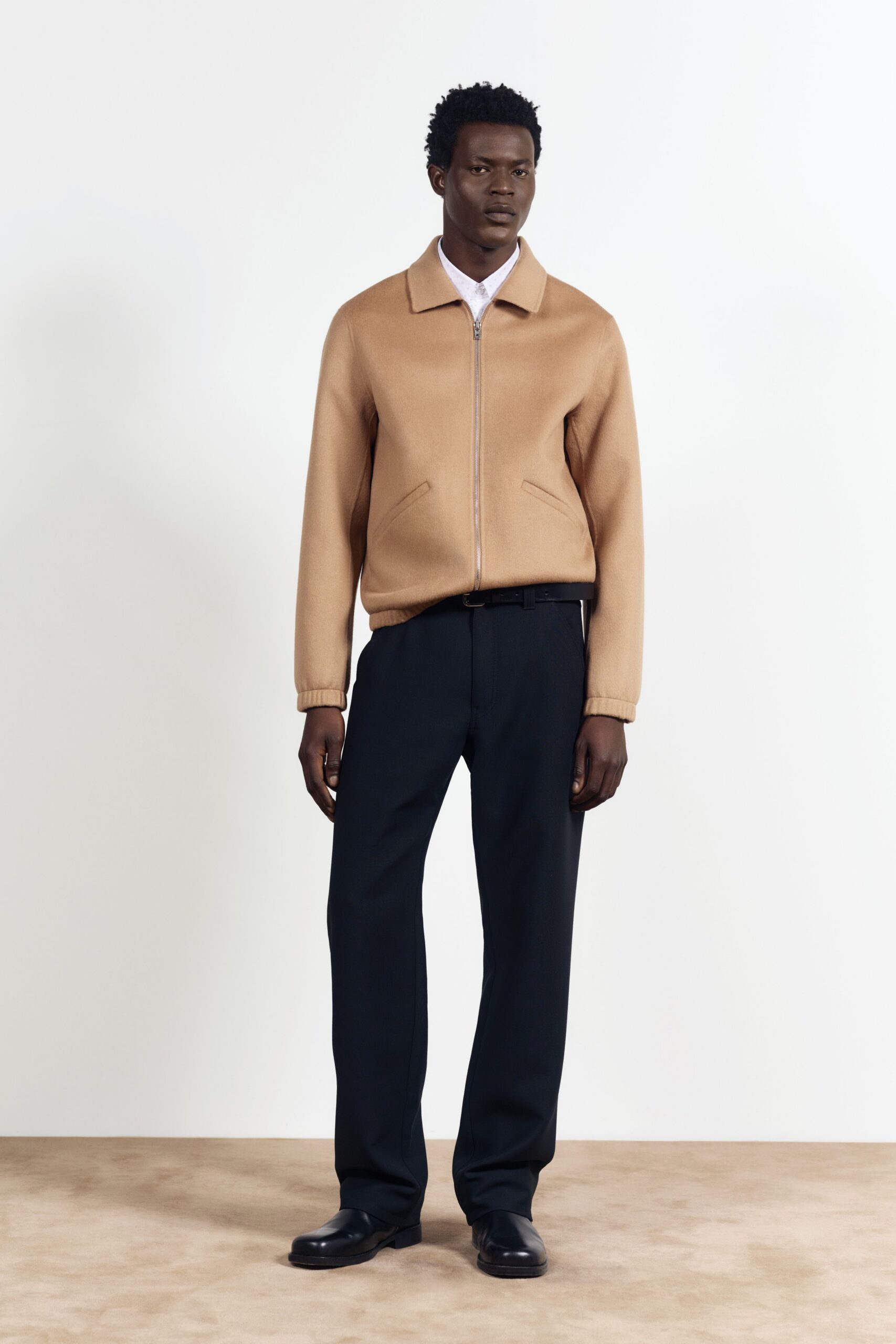 beige wool long-sleeve collared relaxed zippered jacket