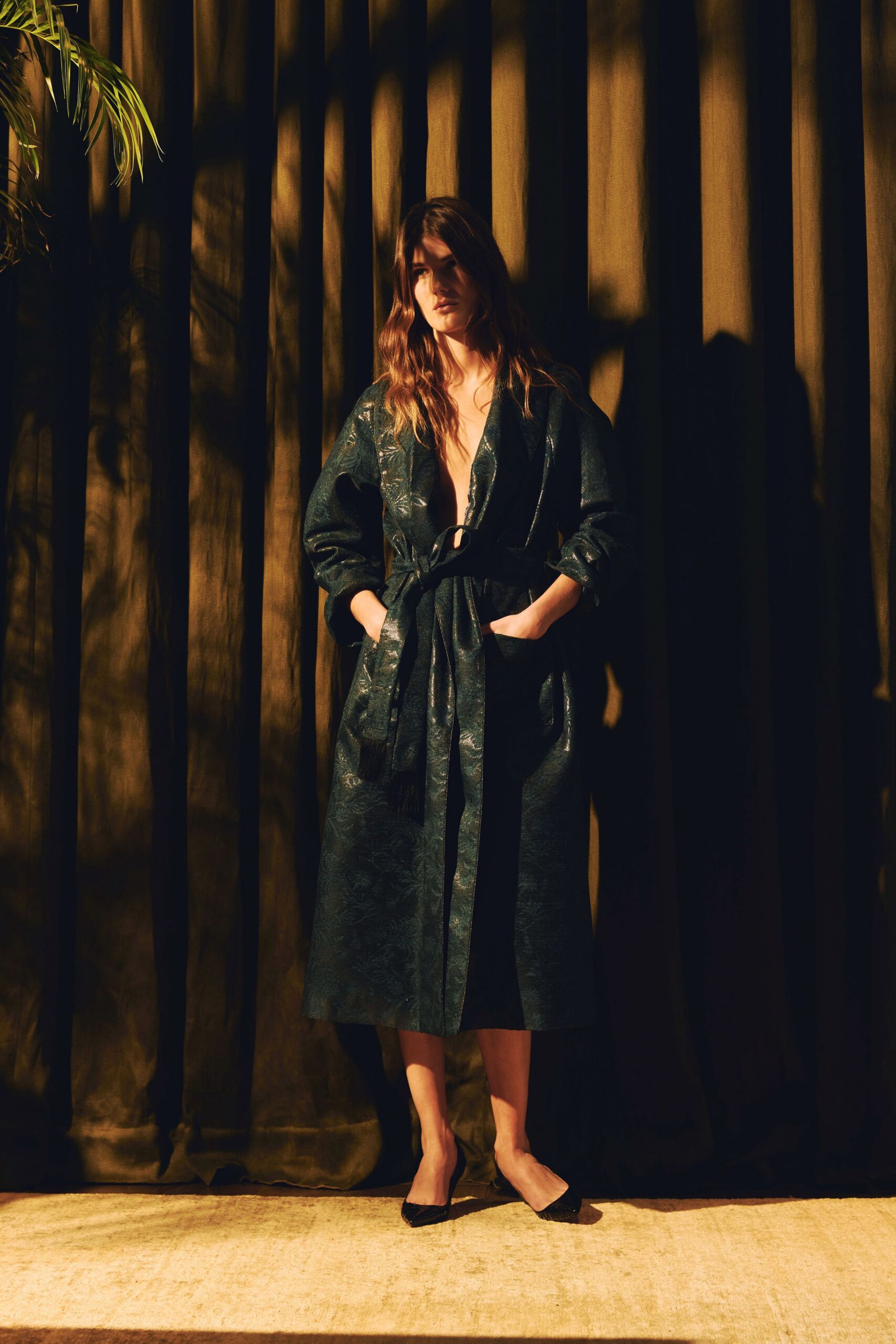 green silk long-sleeve v-neck relaxed belted embroidered dress
