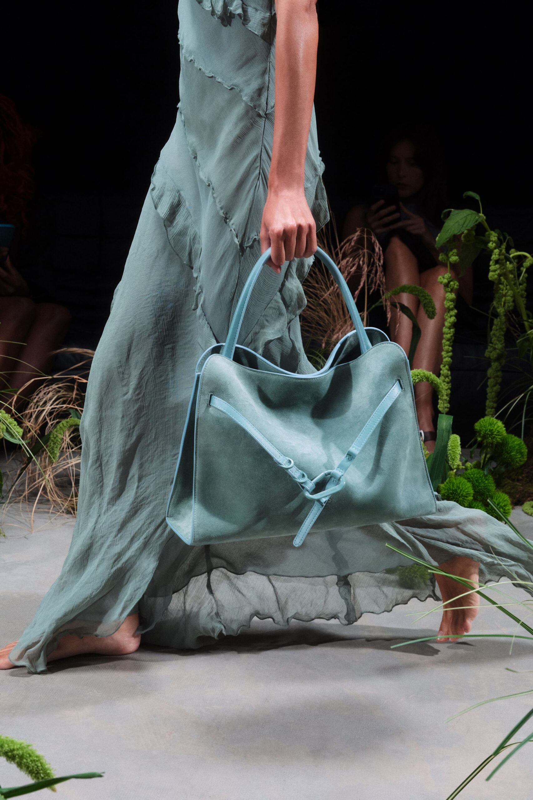 green silk sleeveless v-neck draped flowing maxi dress