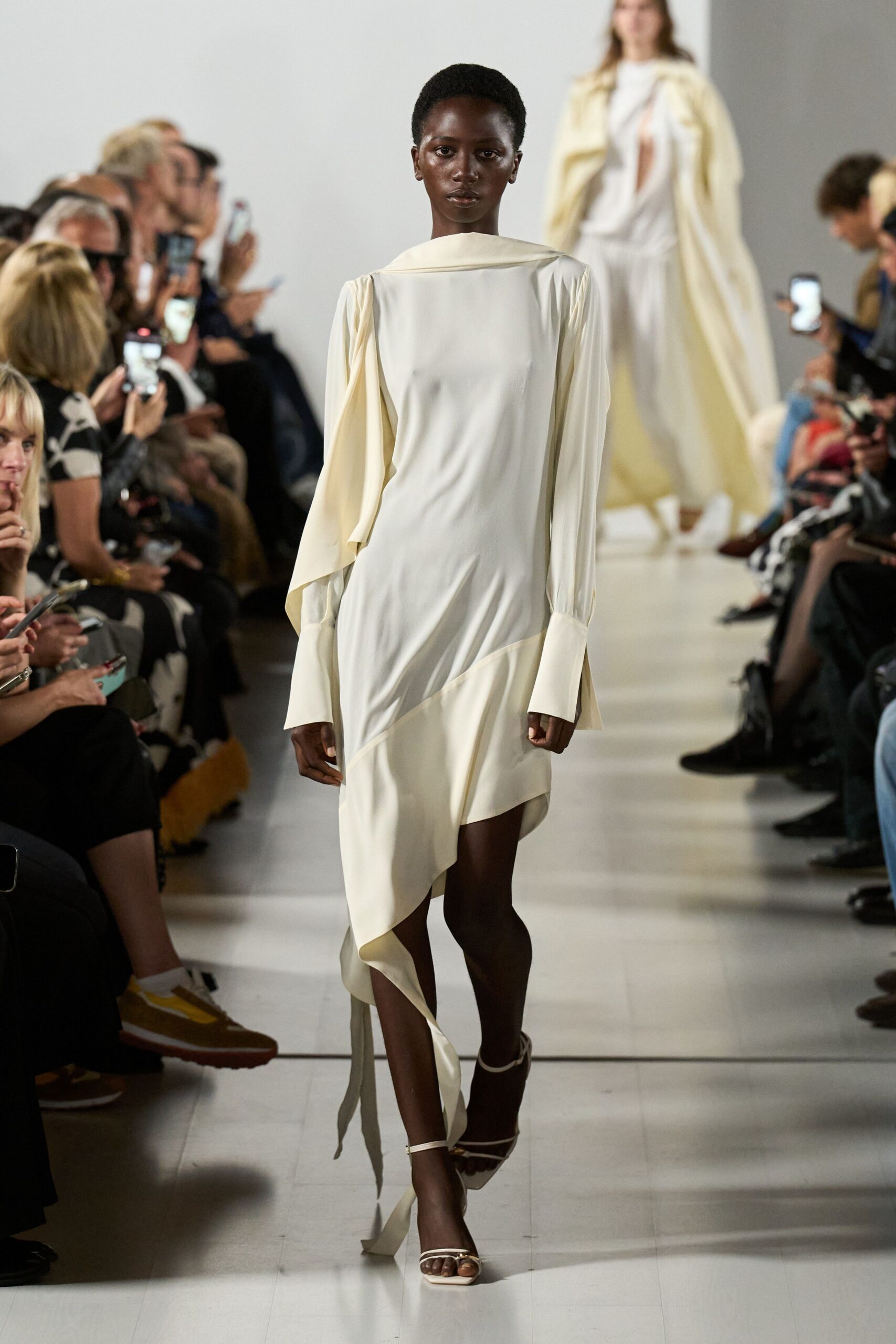 ivory silk long-sleeve high-neck fitted draped midi dress
