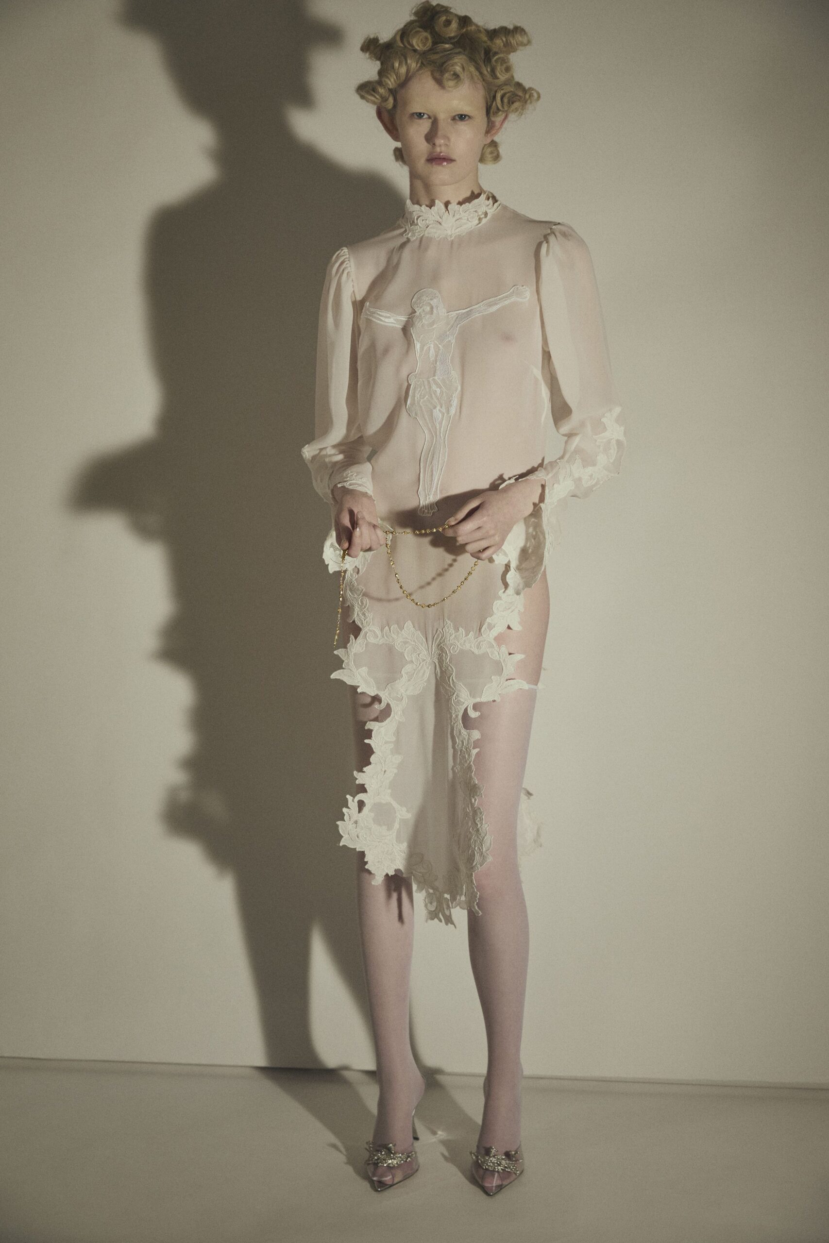 white silk long-sleeve high-neck fitted embroidered dress