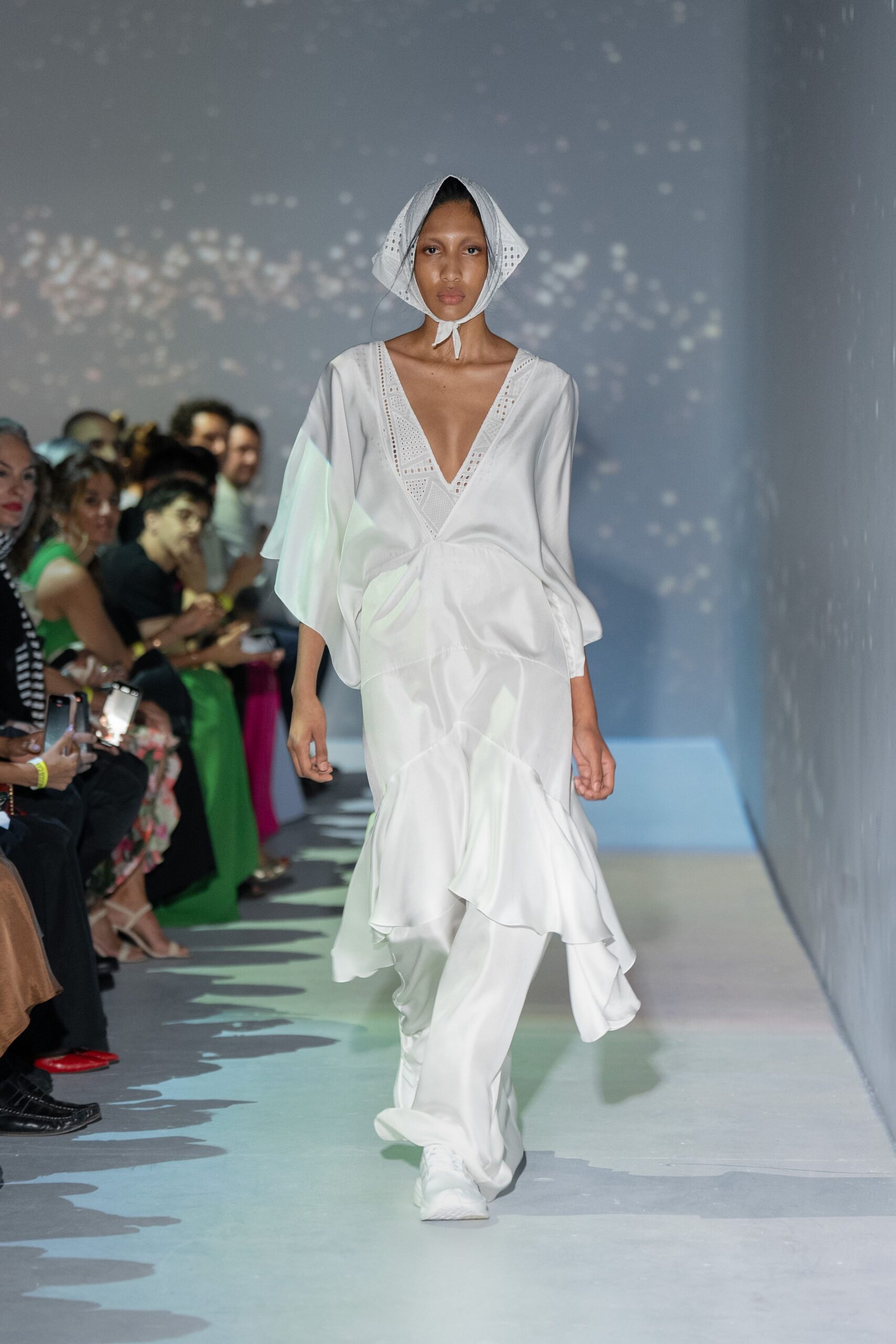 white silk long-sleeve v-neck relaxed ruffled flowing dress