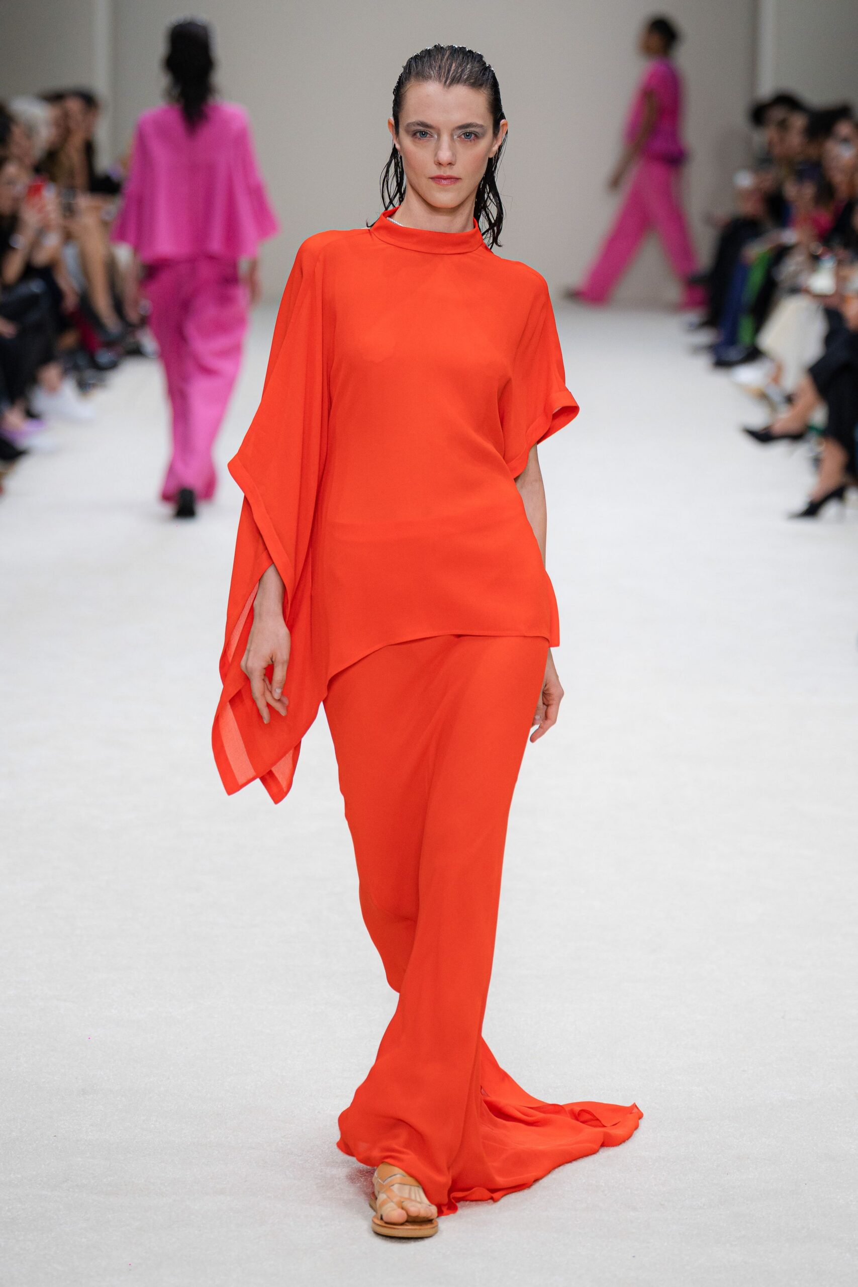 orange chiffon sleeveless high-neck relaxed draped flowing dress