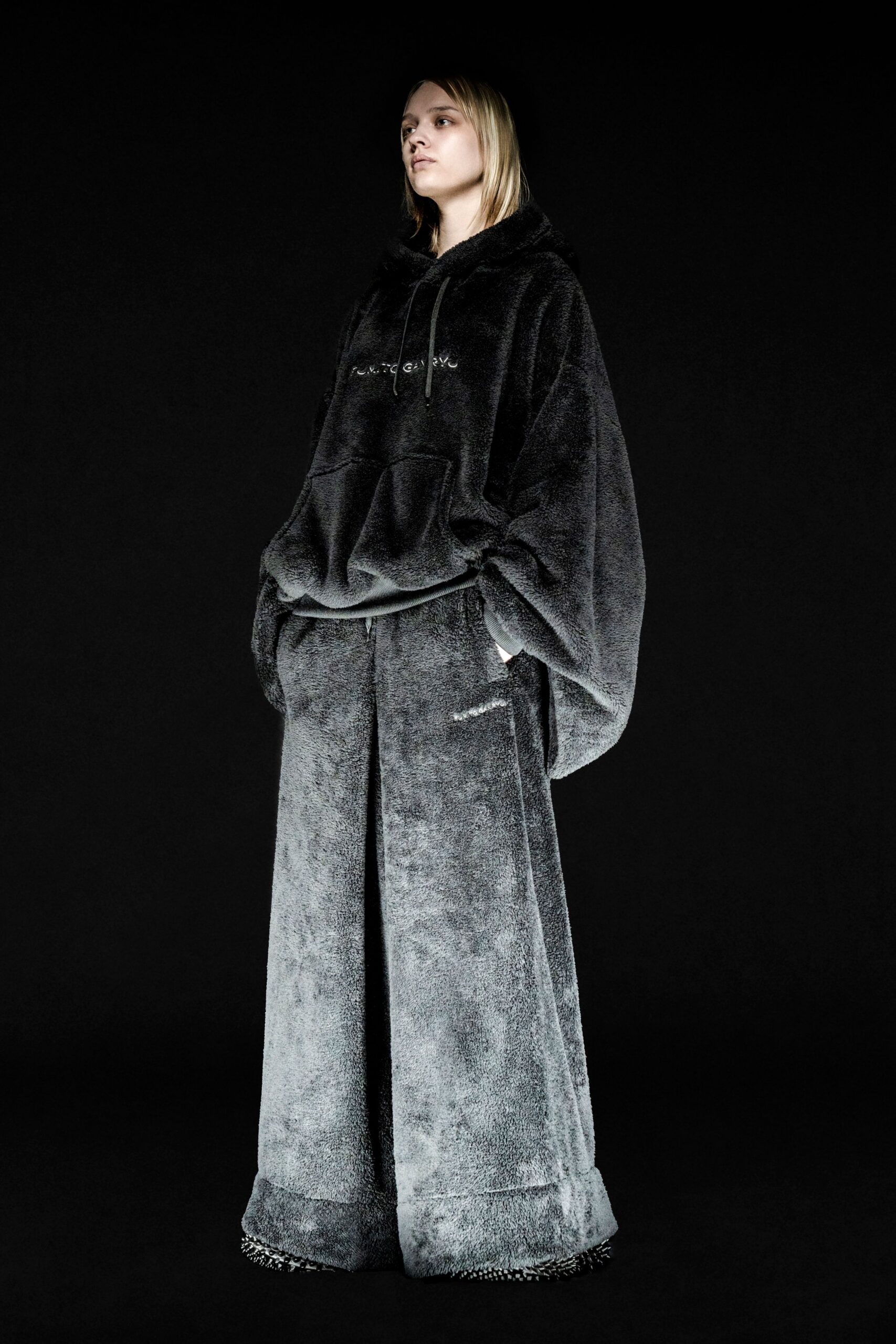 gray oversized faux-fur hoodie and pants