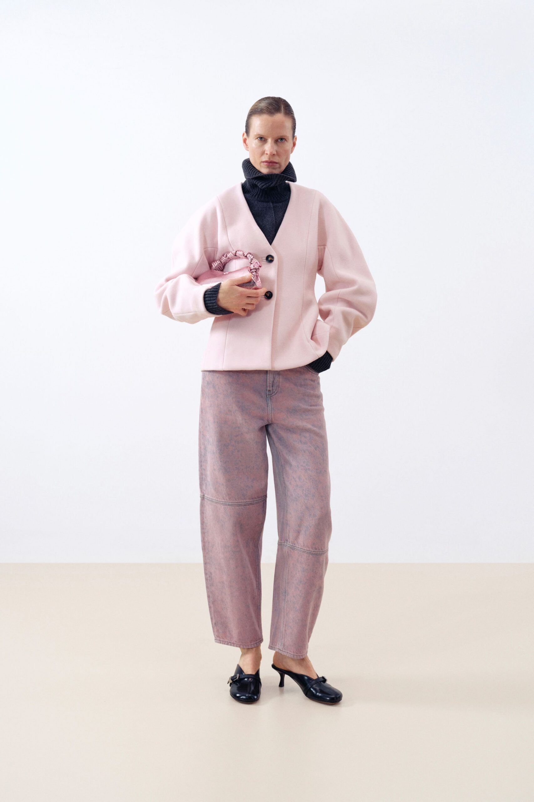 pink cotton long-sleeve collared relaxed buttoned jacket