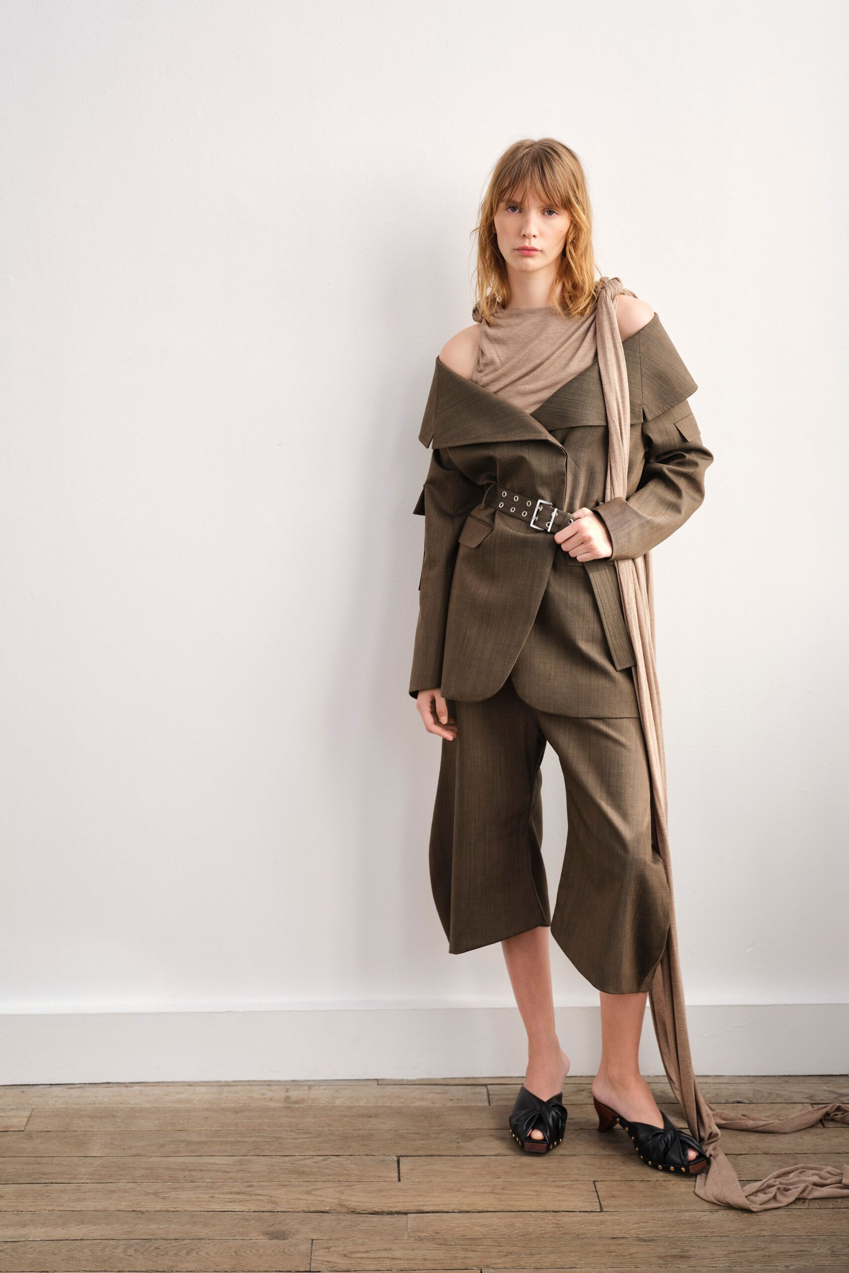 brown cotton long-sleeve off-shoulder structured layered blazer