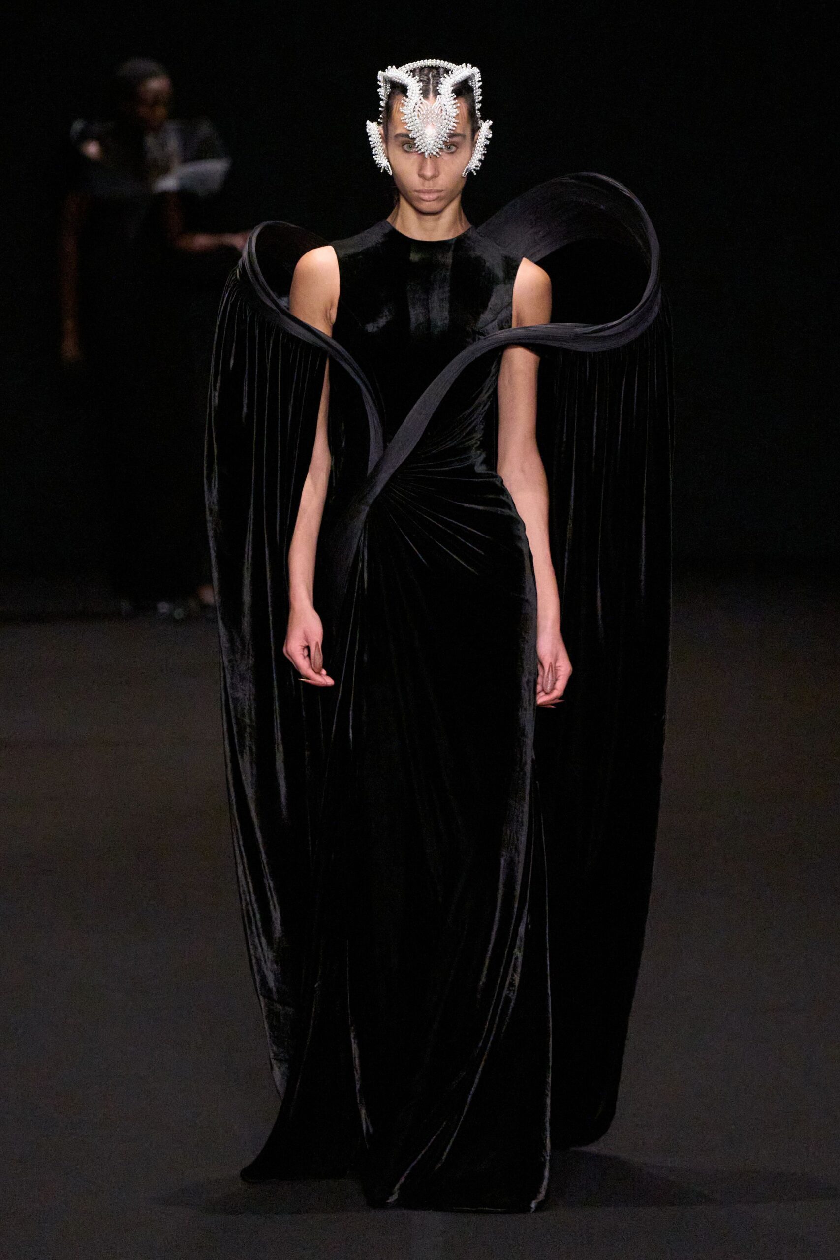 black velvet draped gown