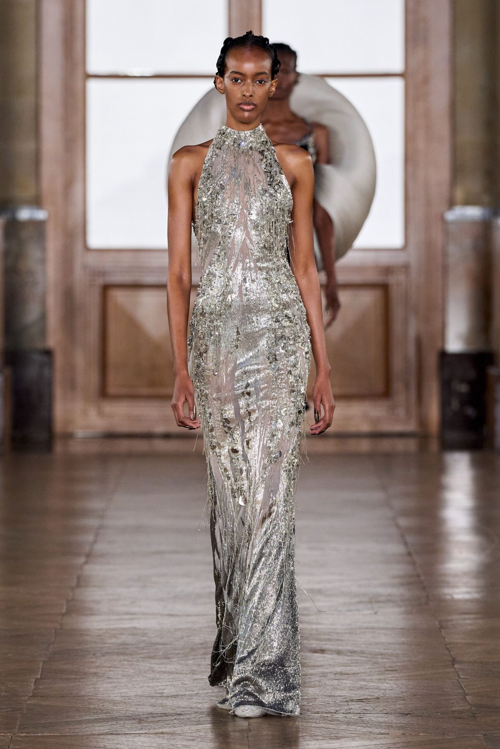fitted silver sequined gown