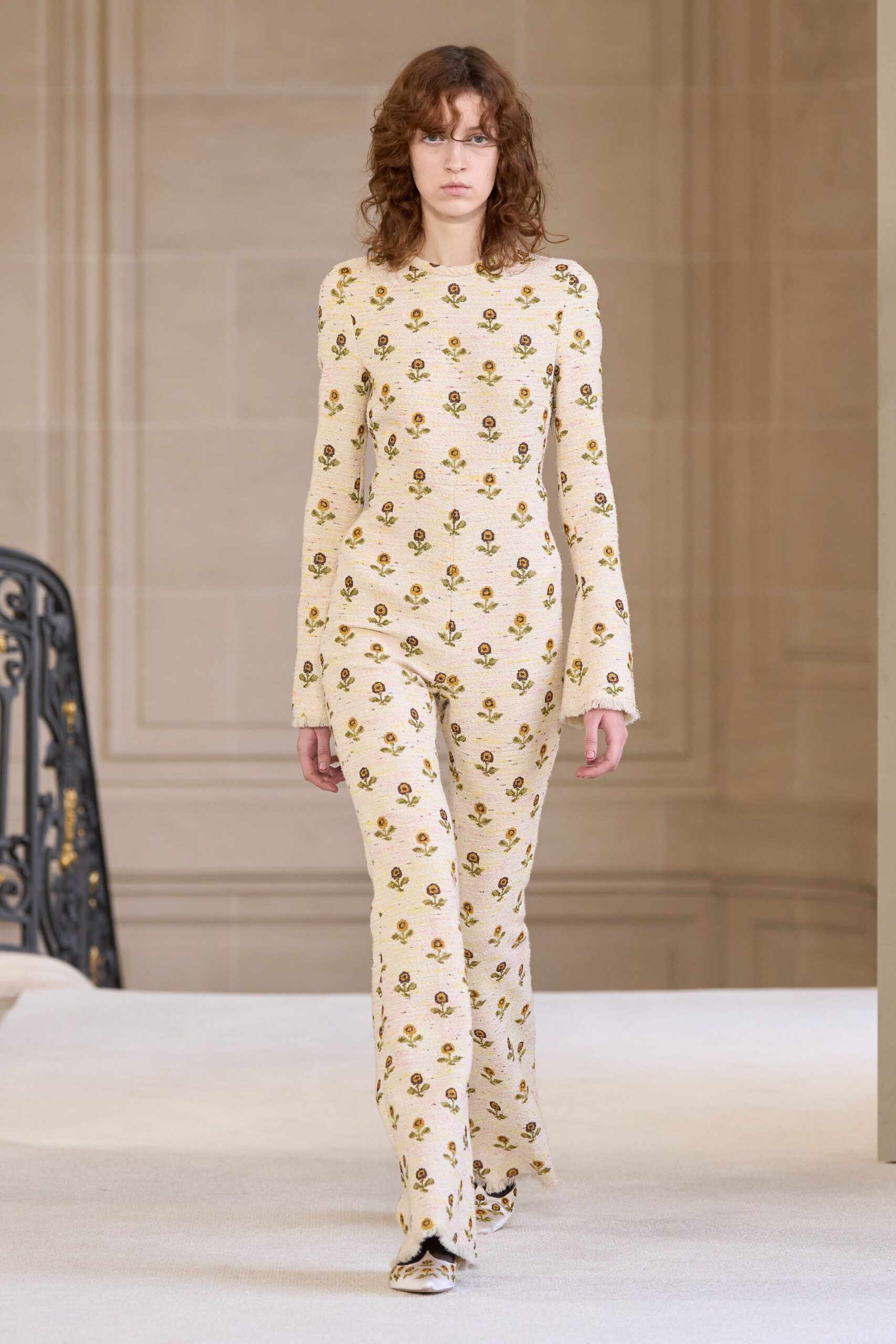 beige cotton long-sleeve collared fitted flared printed jumpsuit