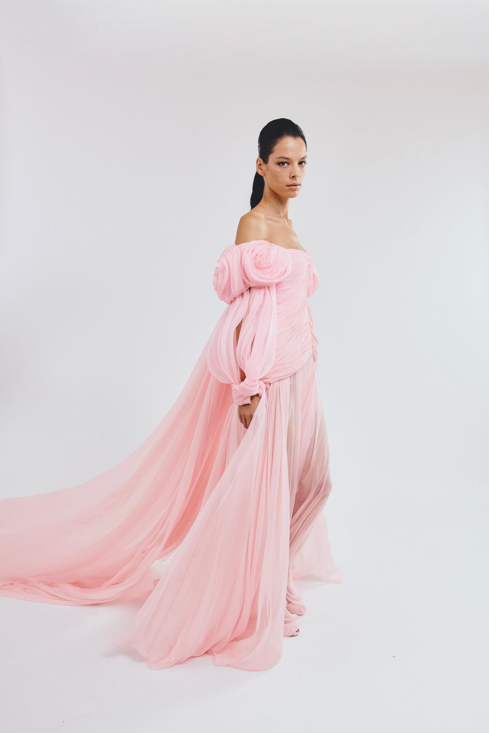 pink chiffon off-shoulder gown