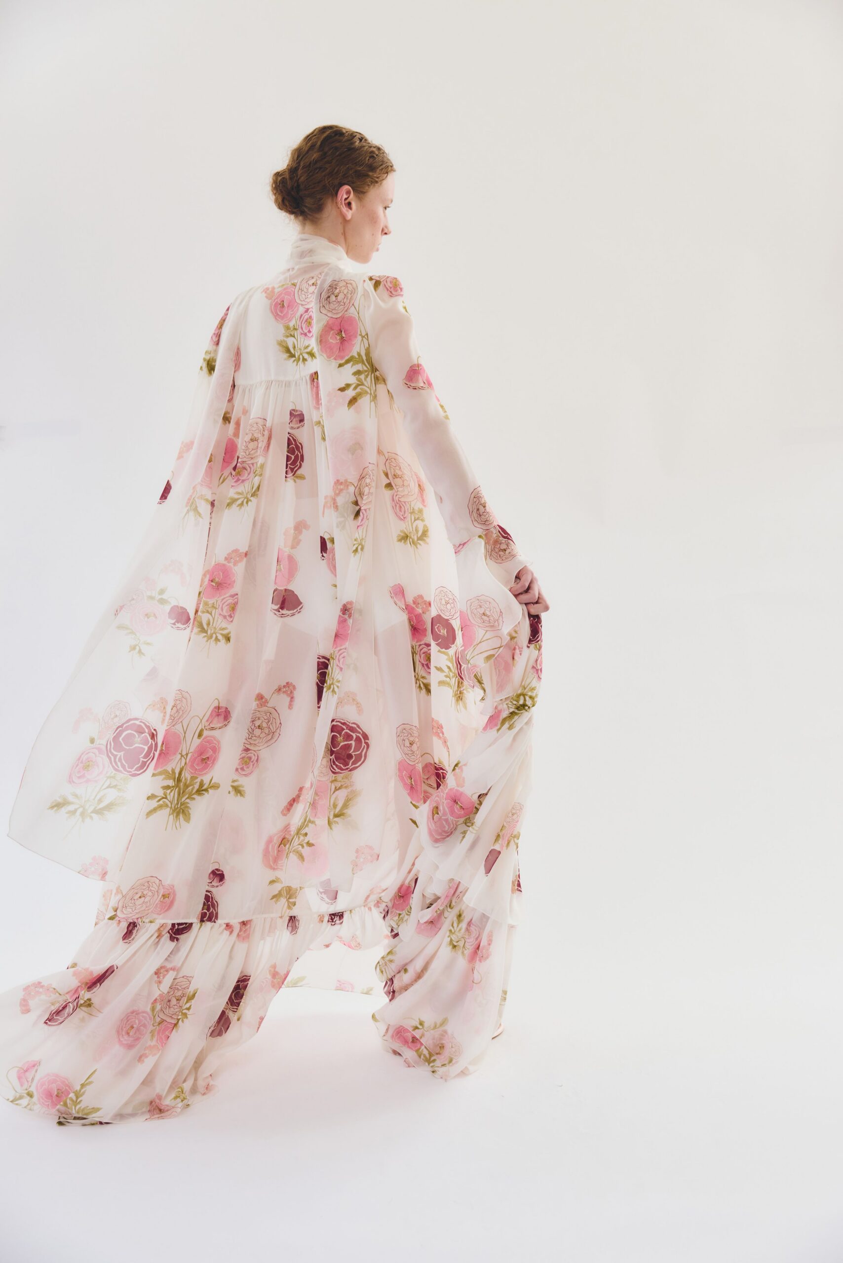 pink floral chiffon gown
