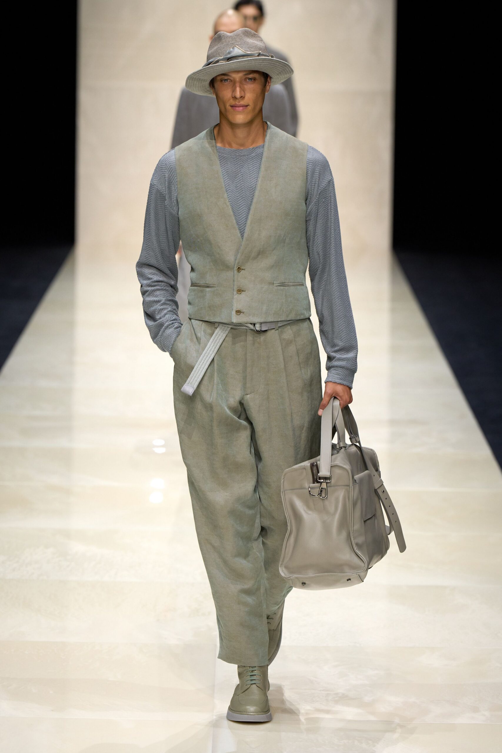 green linen vest with blue shirt