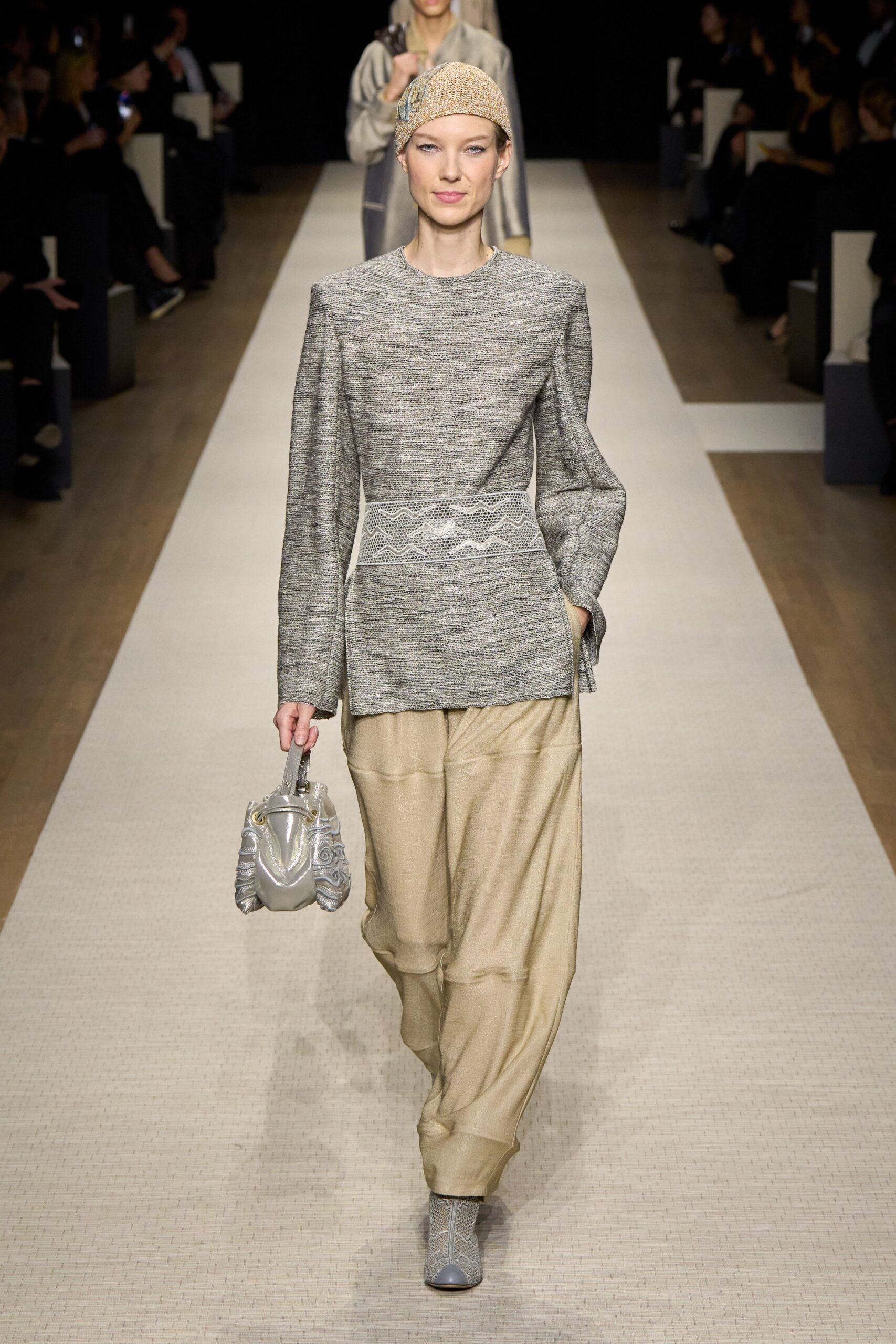gray tweed long-sleeve collared structured buttoned top