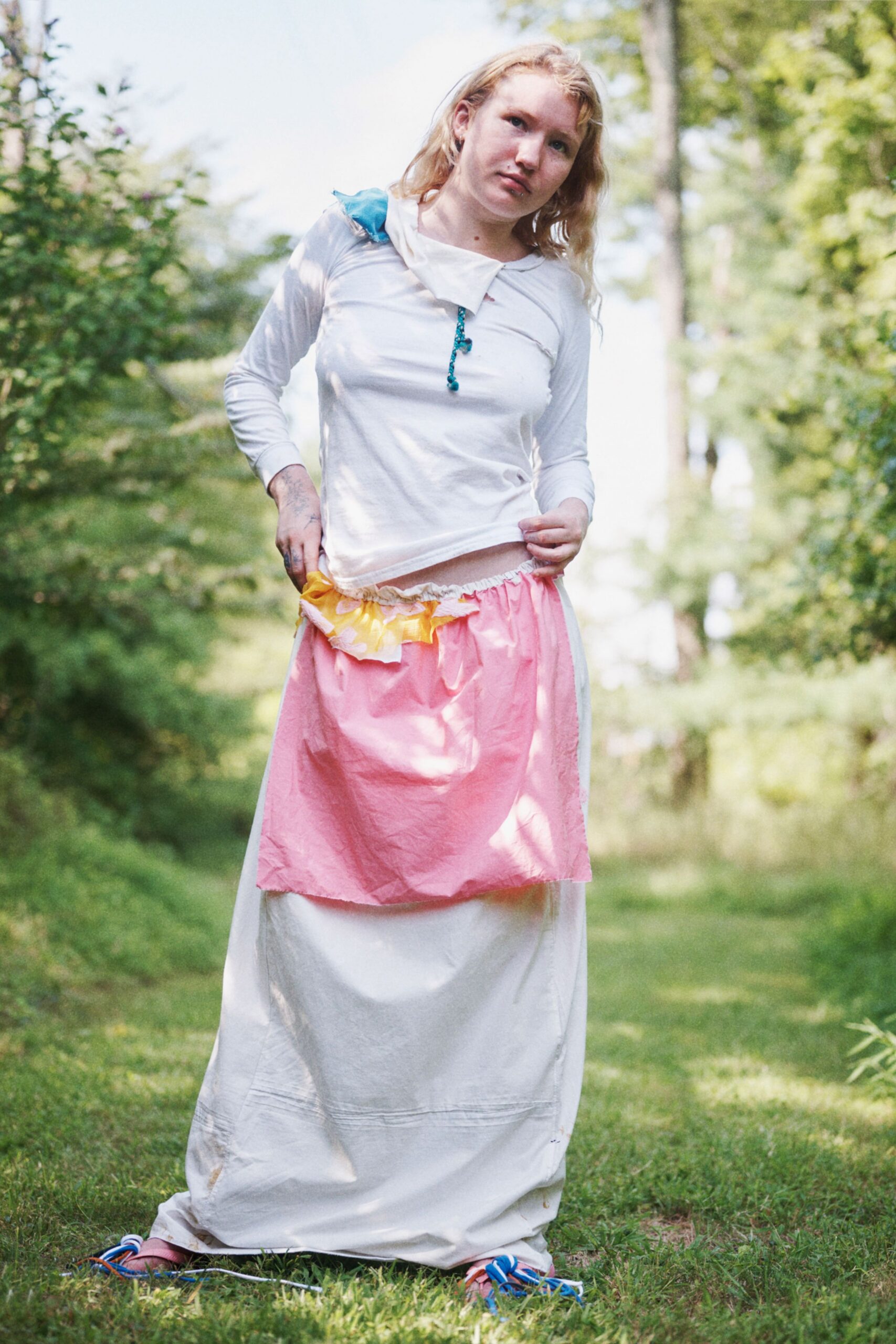 white top with pink skirt