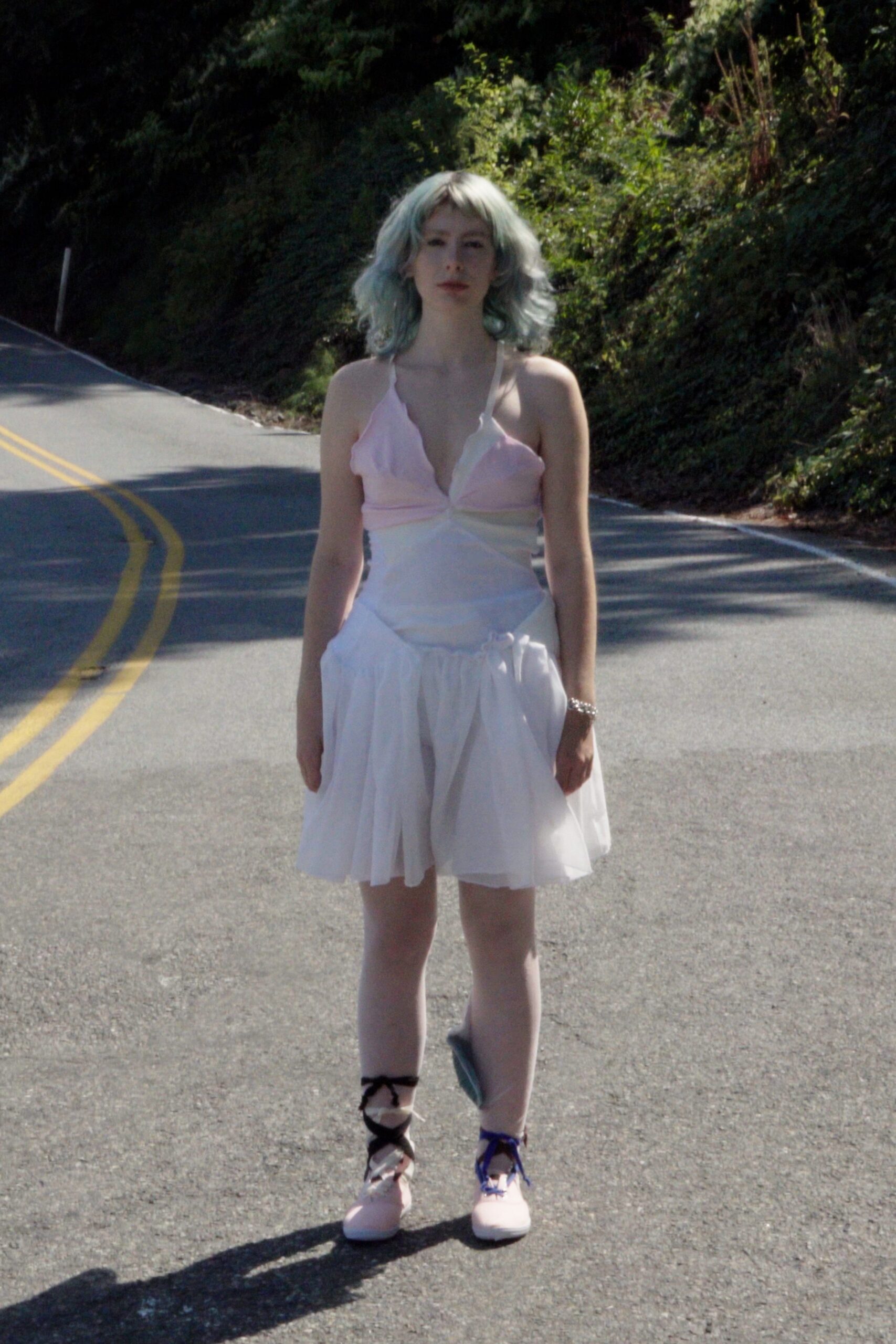 pink and white mini dress with shoes