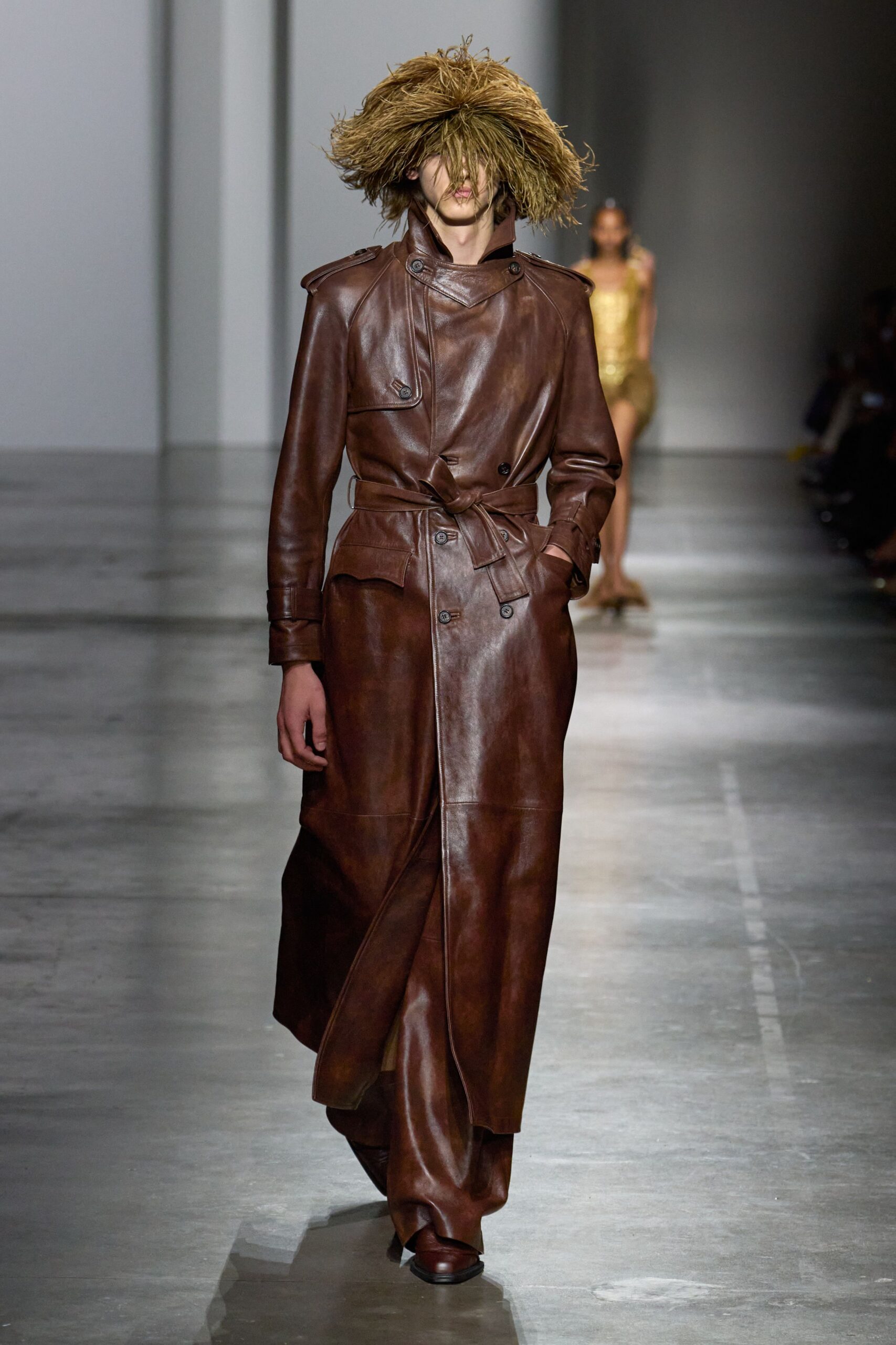 brown leather long-sleeve collared fitted belted maxi trench