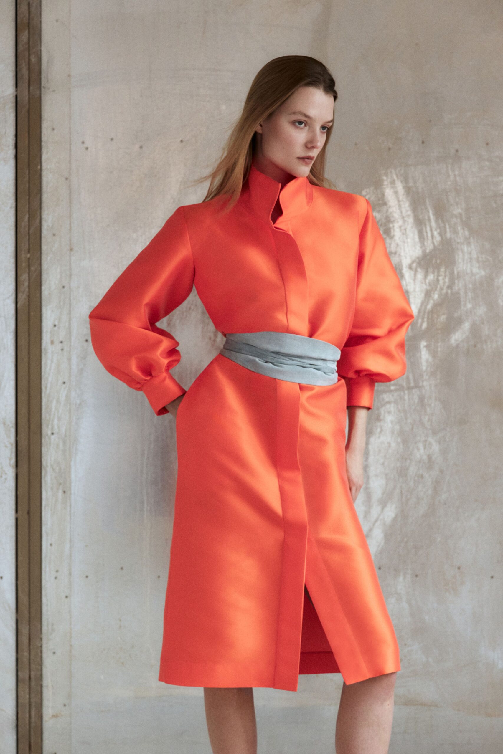 orange silk belted midi dress