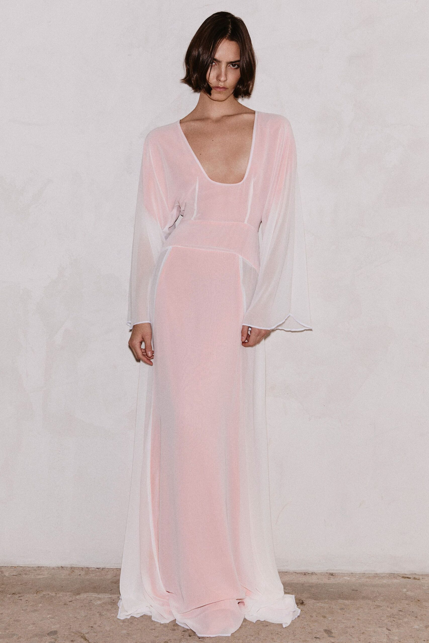 pink and white silk gown