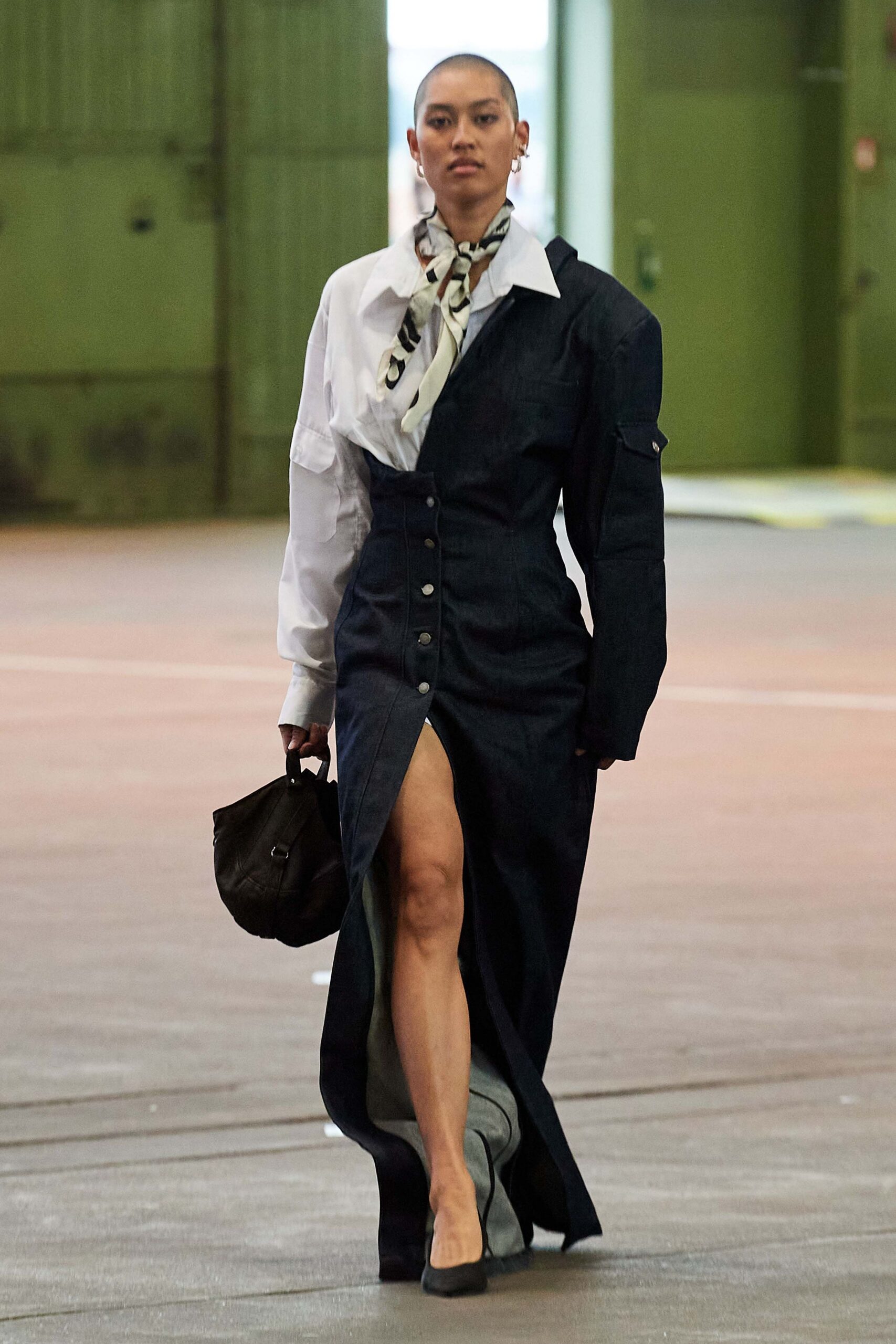 blue denim long-sleeve collared fitted buttoned layered dress