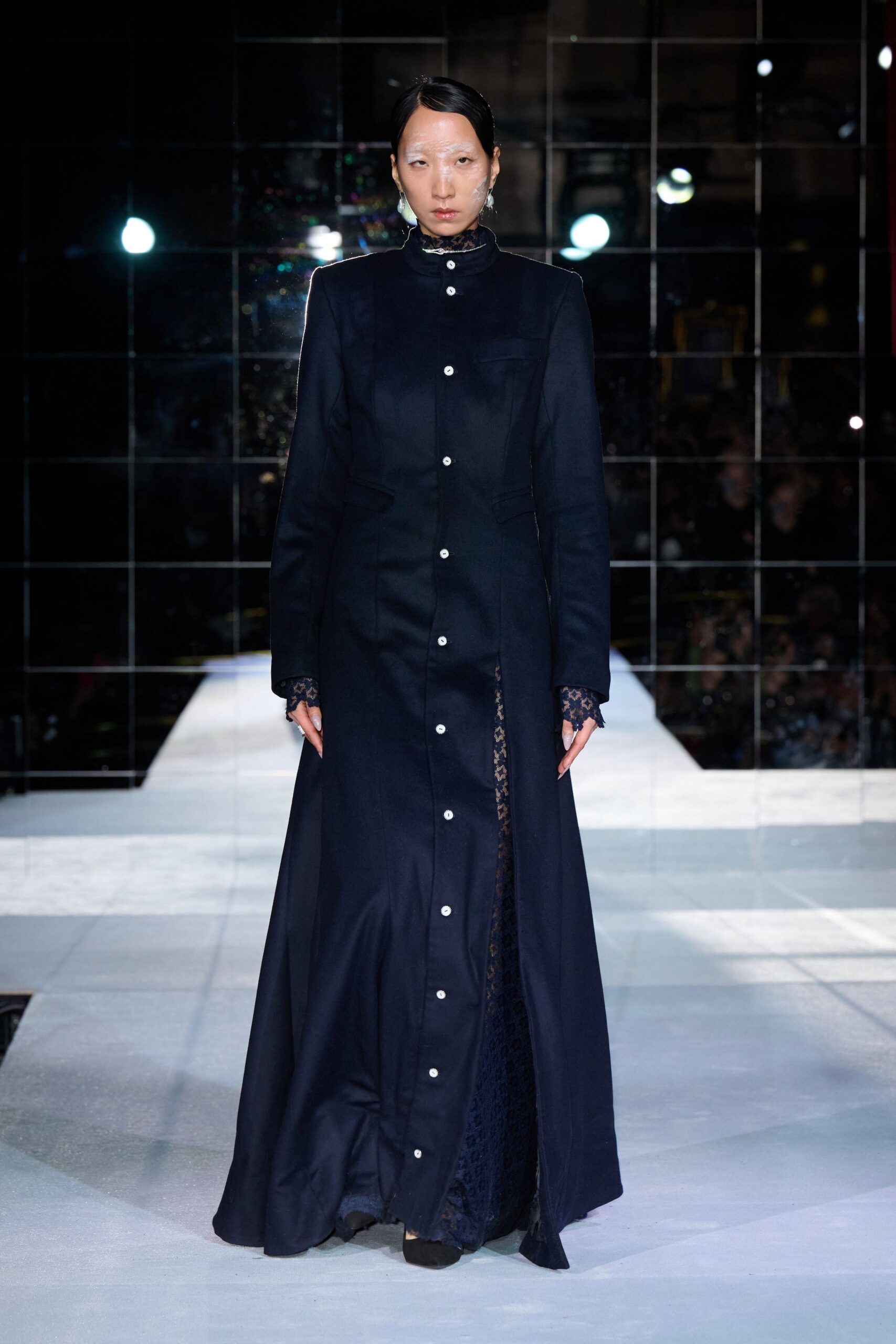 black silk long-sleeve collared fitted buttoned layered gown