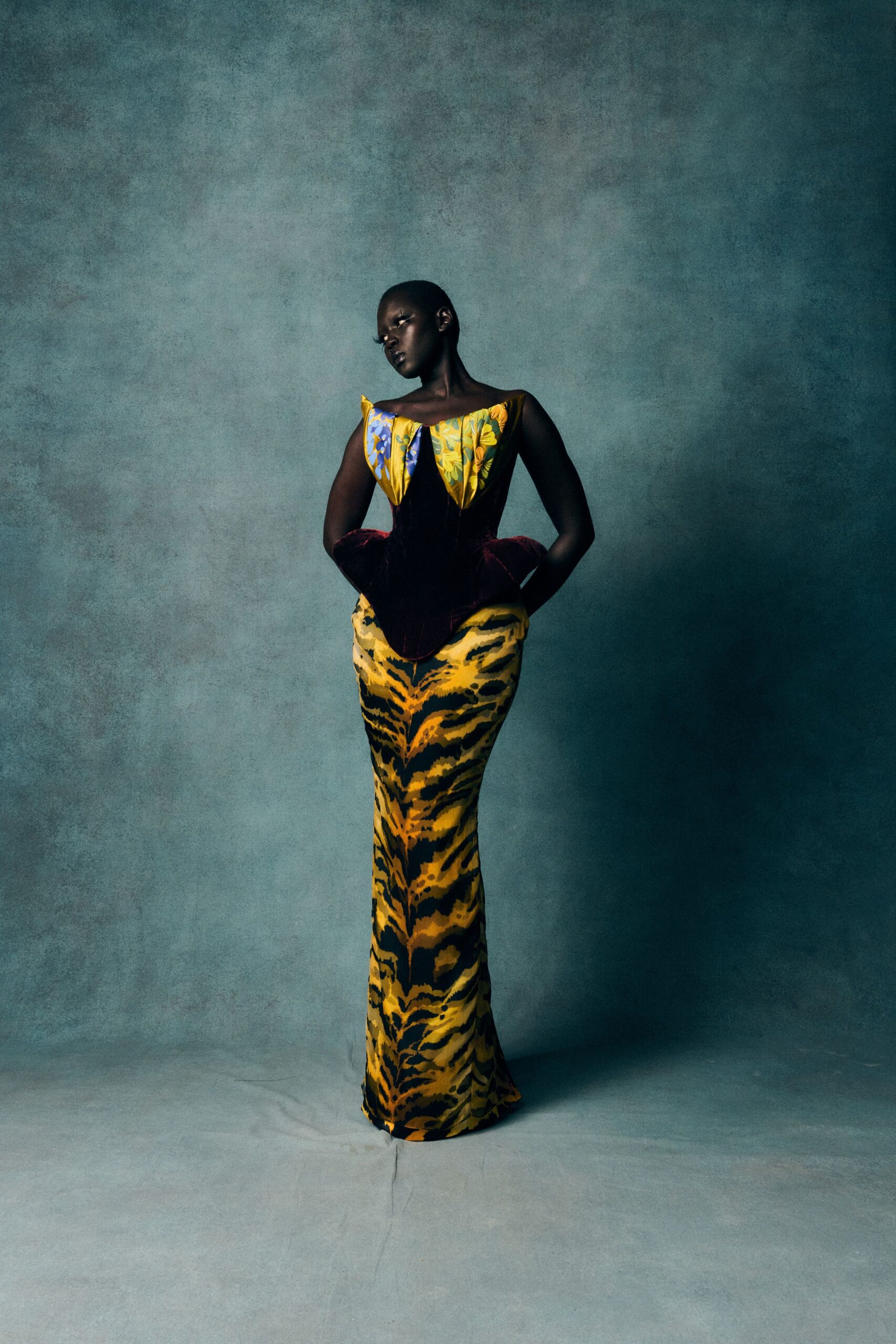 yellow black silk fitted gown