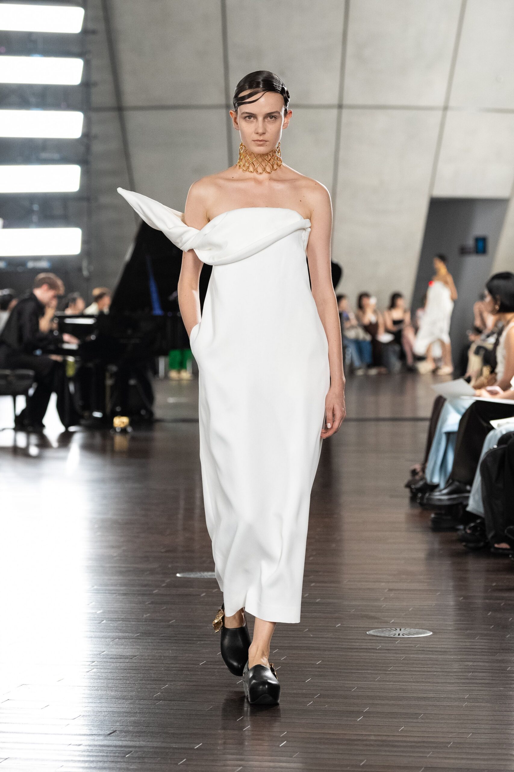 white silk strapless fitted draped midi dress