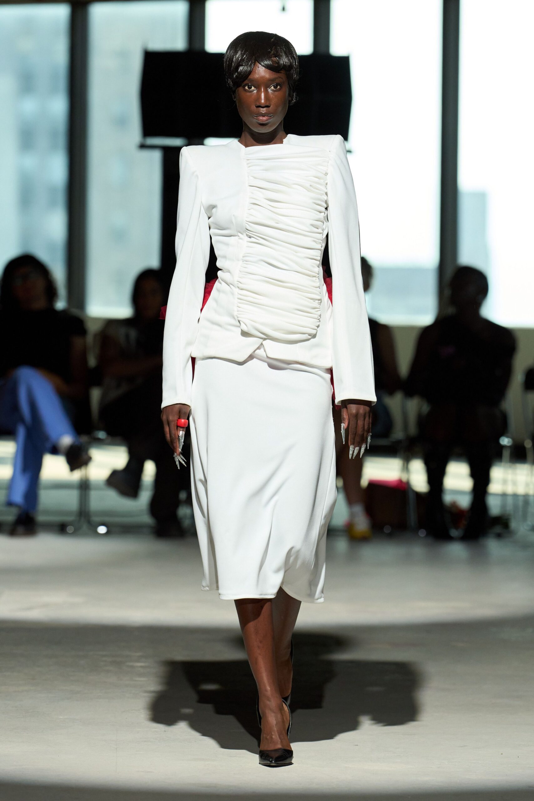 fitted white midi dress with long sleeves