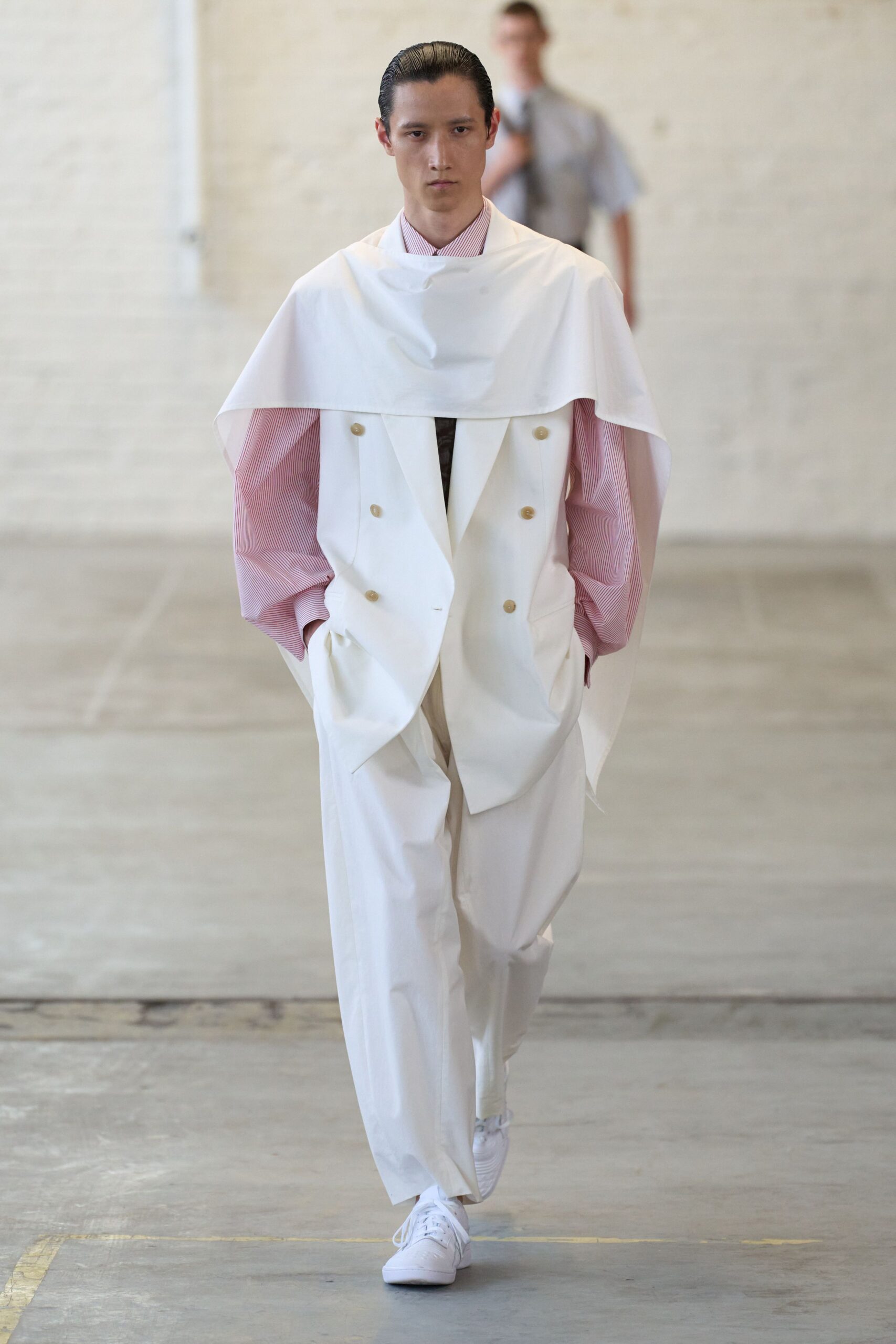 white relaxed jacket with pink shirt