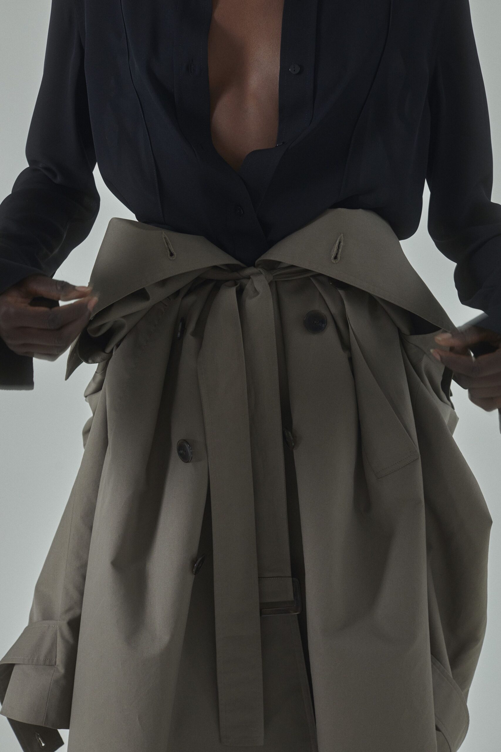 beige double-breasted fitted belted trench
