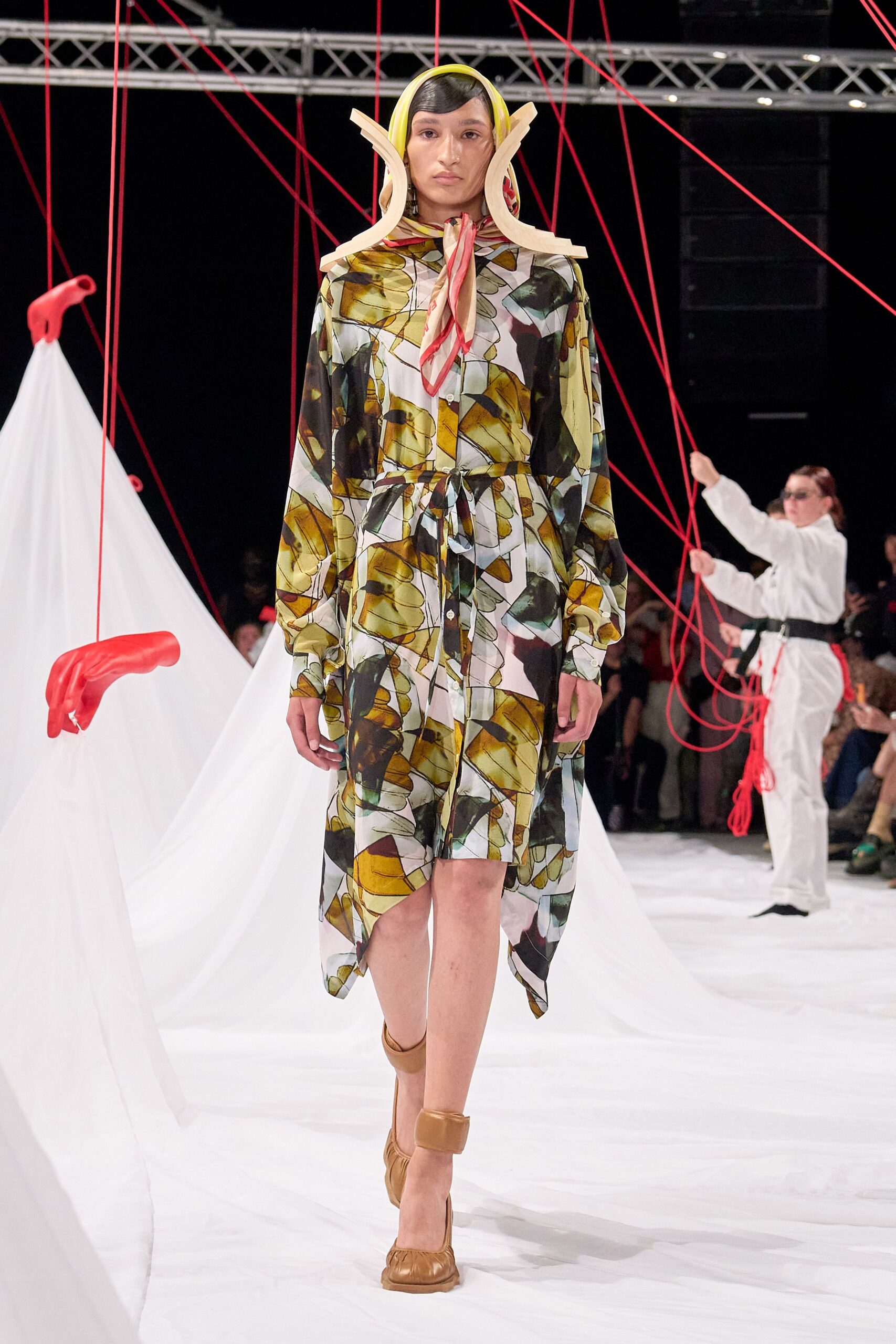 multi silk long-sleeve collared relaxed draped printed shirt-dress