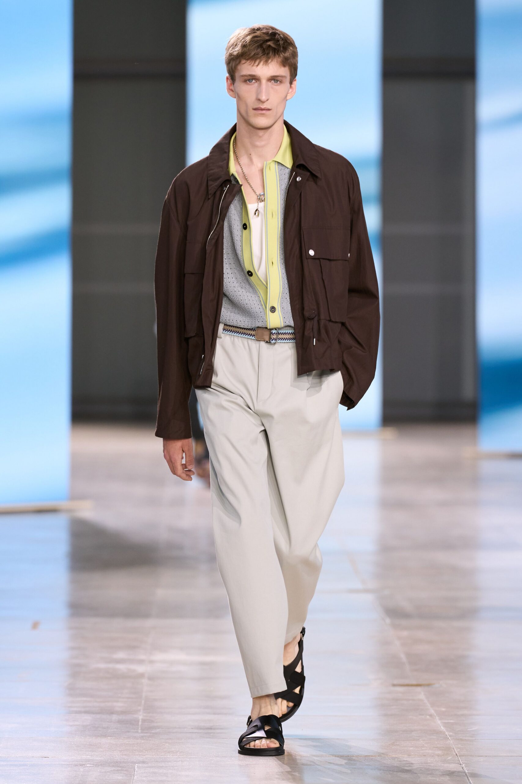 brown relaxed jacket with gray pants