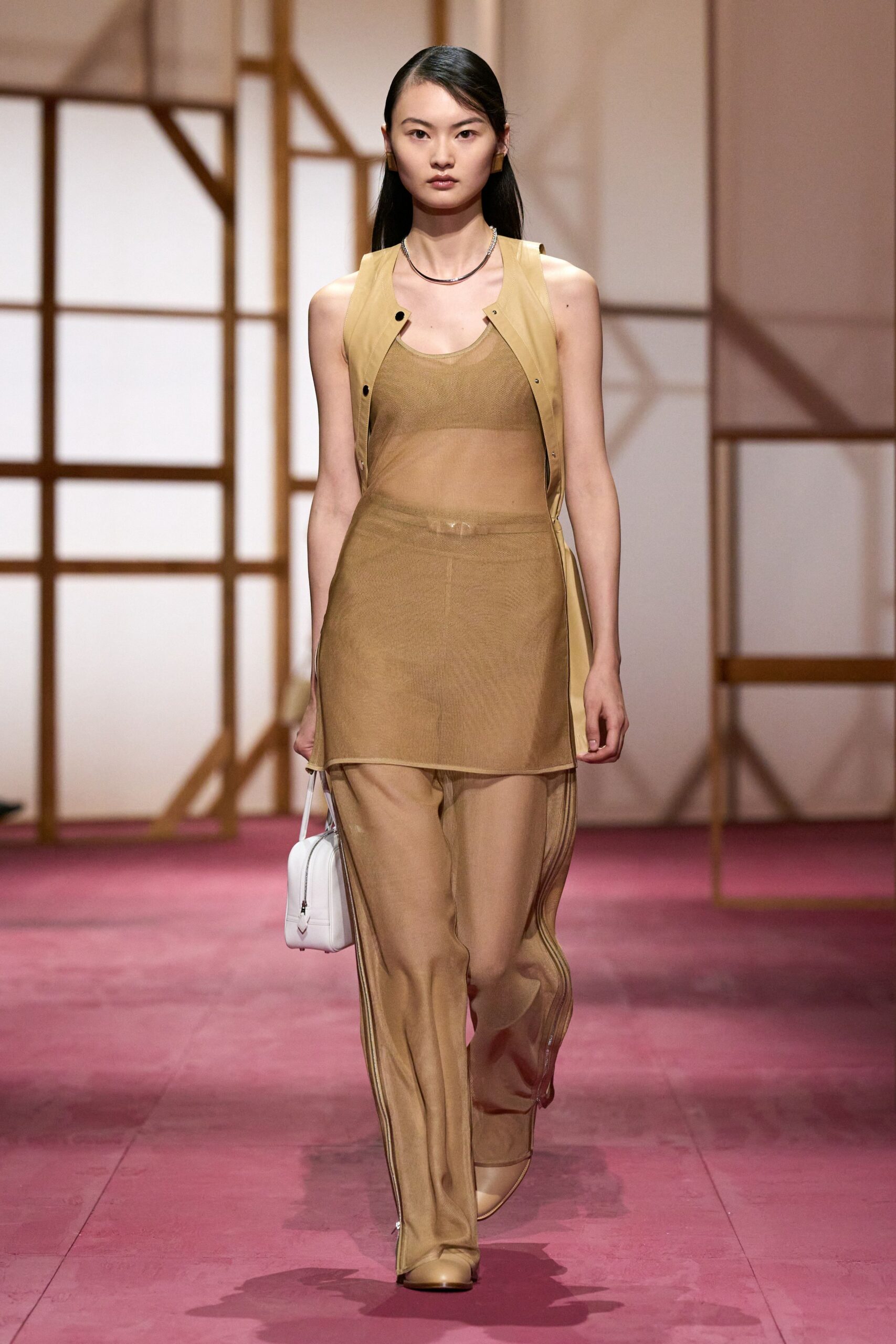 beige mesh sleeveless v-neck fitted sheer top