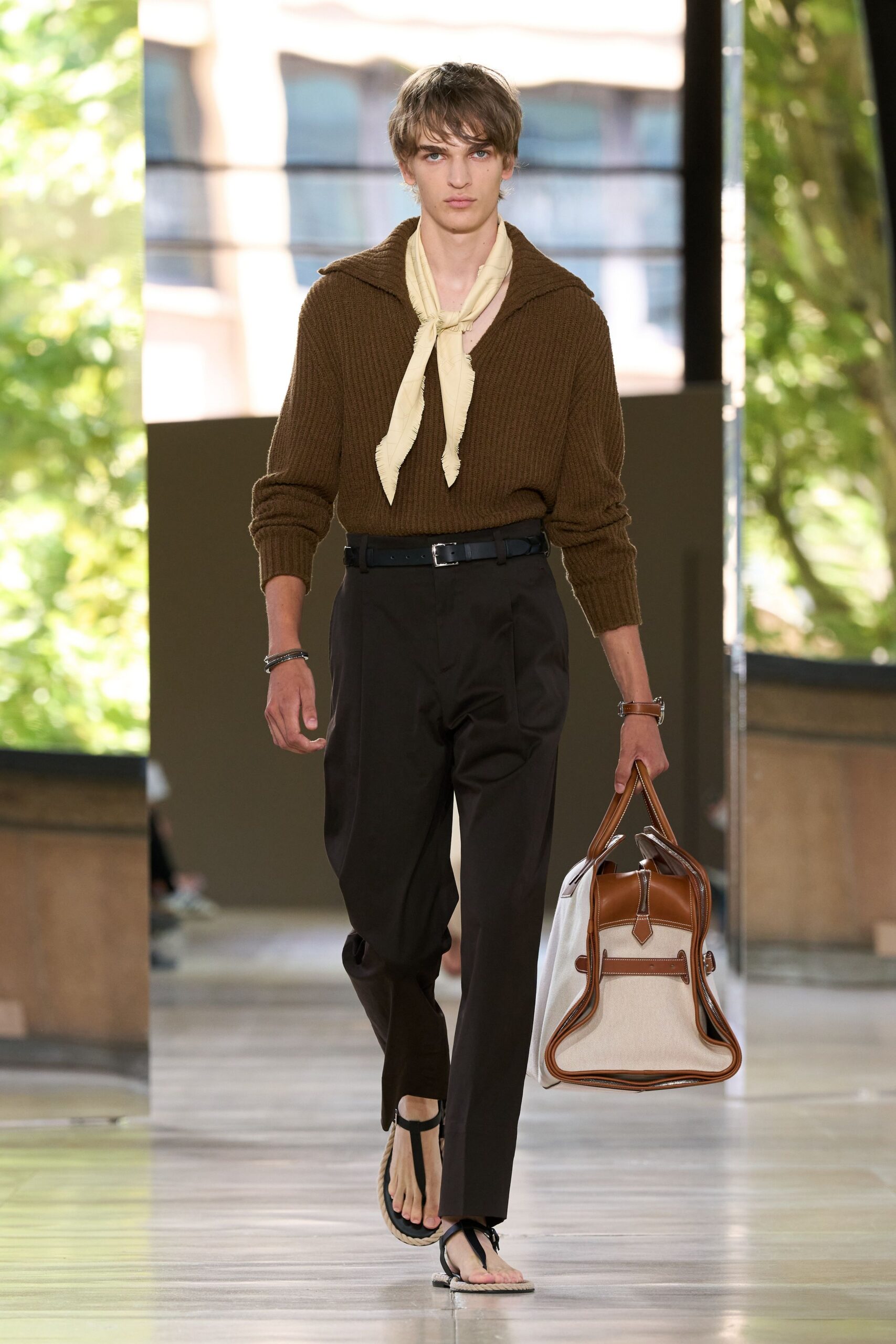brown relaxed sweater with yellow scarf
