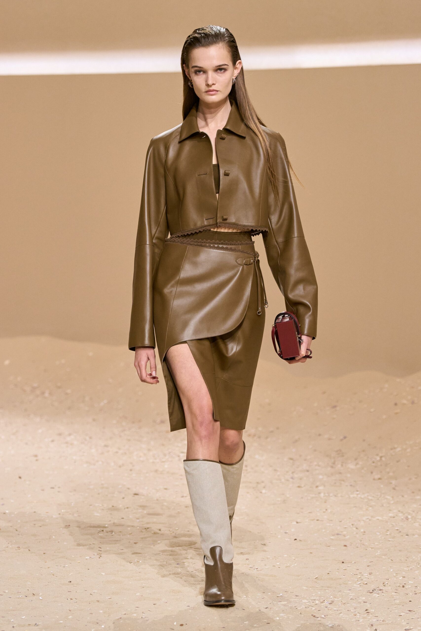 brown leather slit fitted high-waisted midi skirt