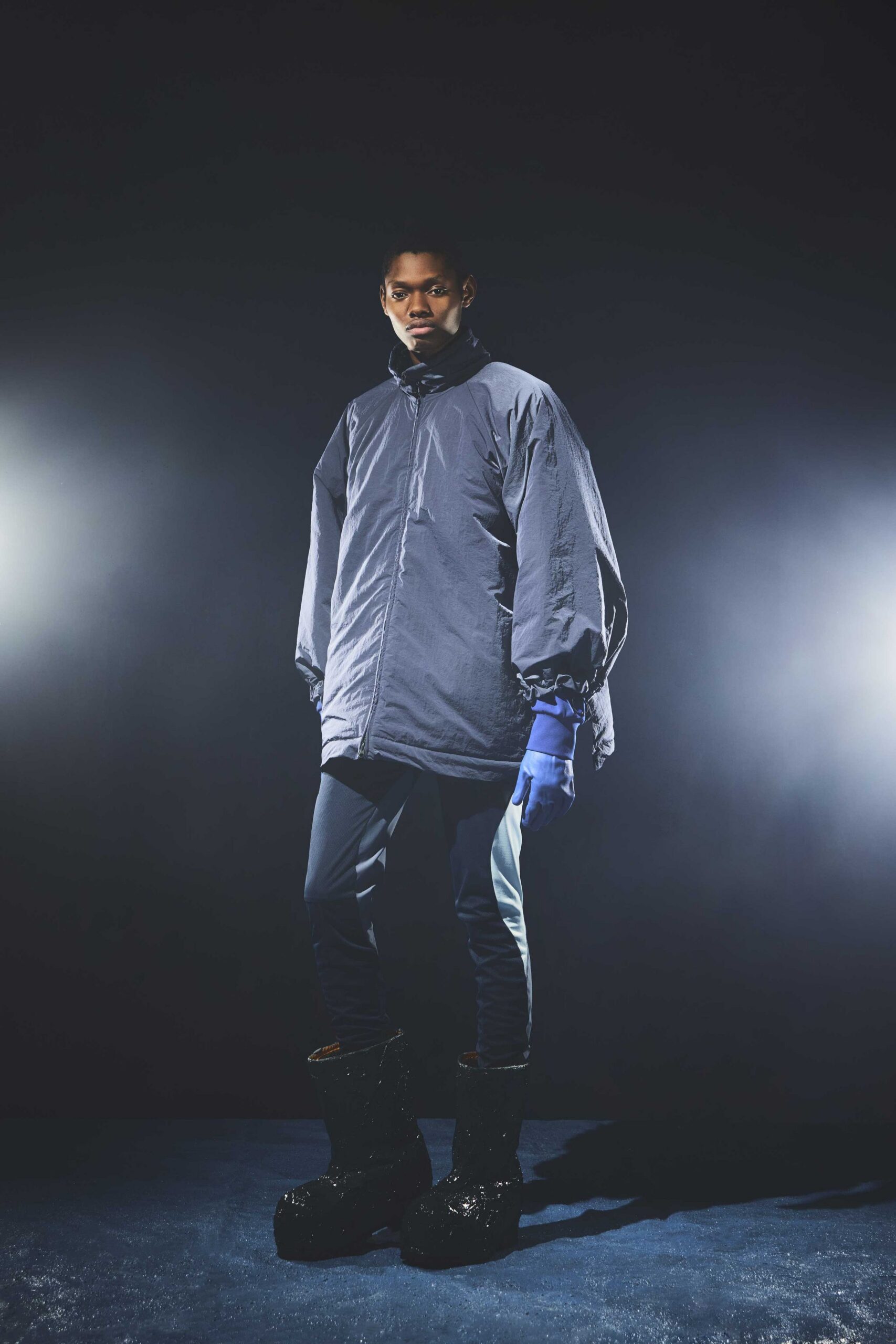 blue jersey long-sleeve collared oversized jacket