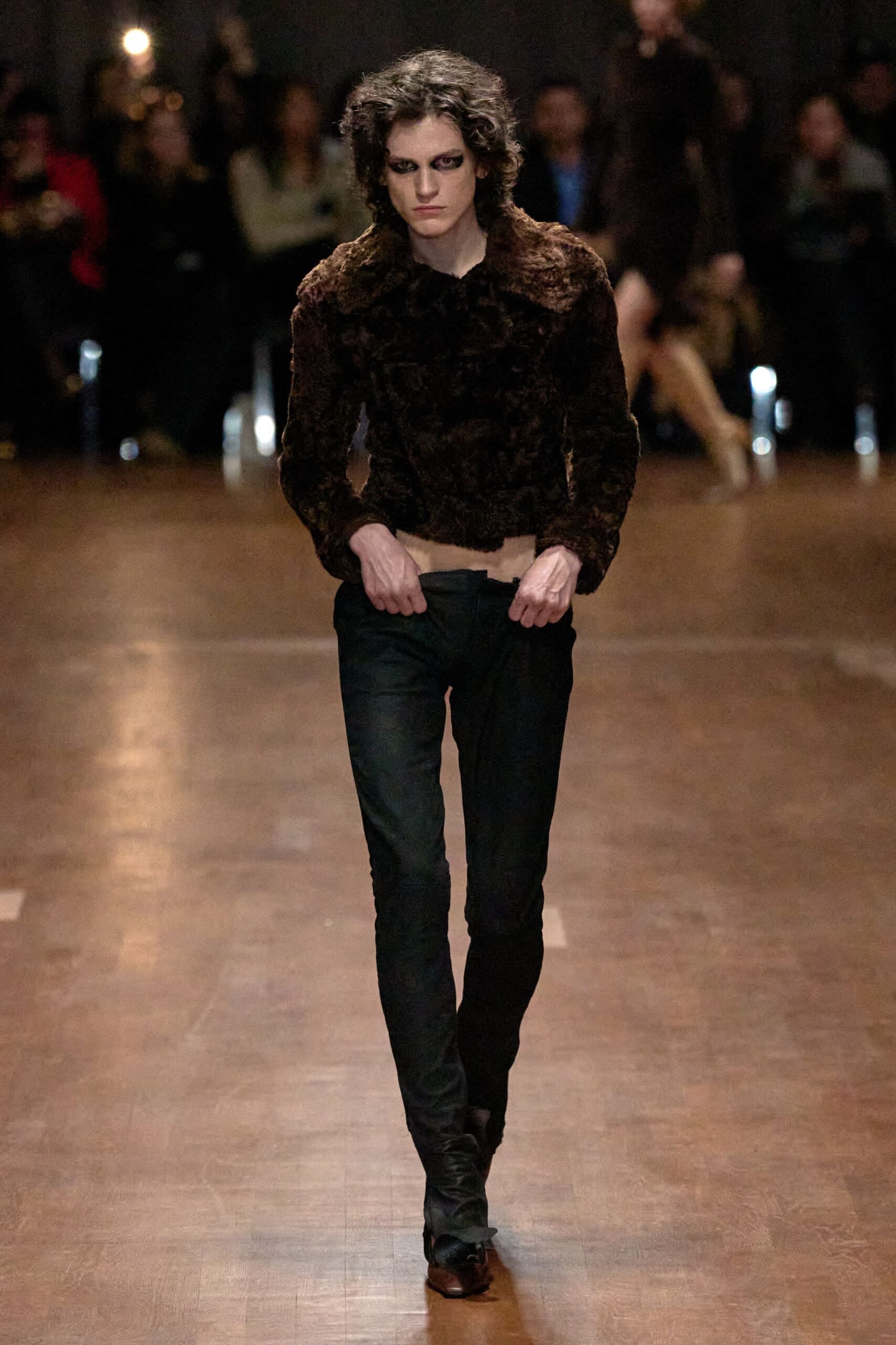 brown fur long-sleeve fitted top