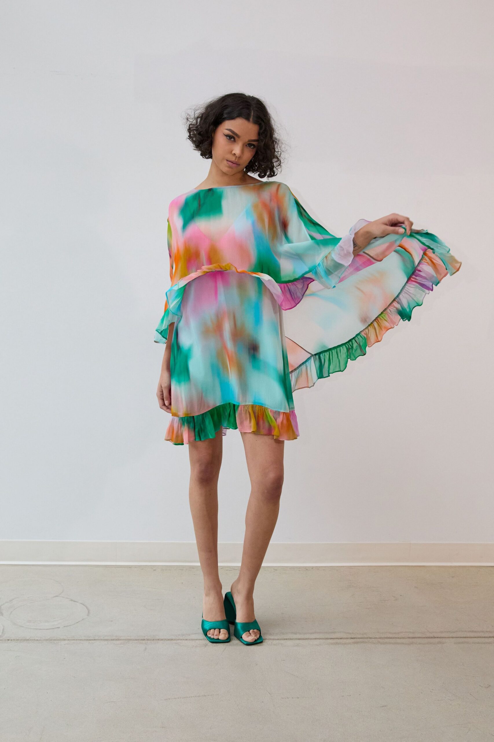 multi chiffon long-sleeve off-shoulder relaxed ruffled layered dress