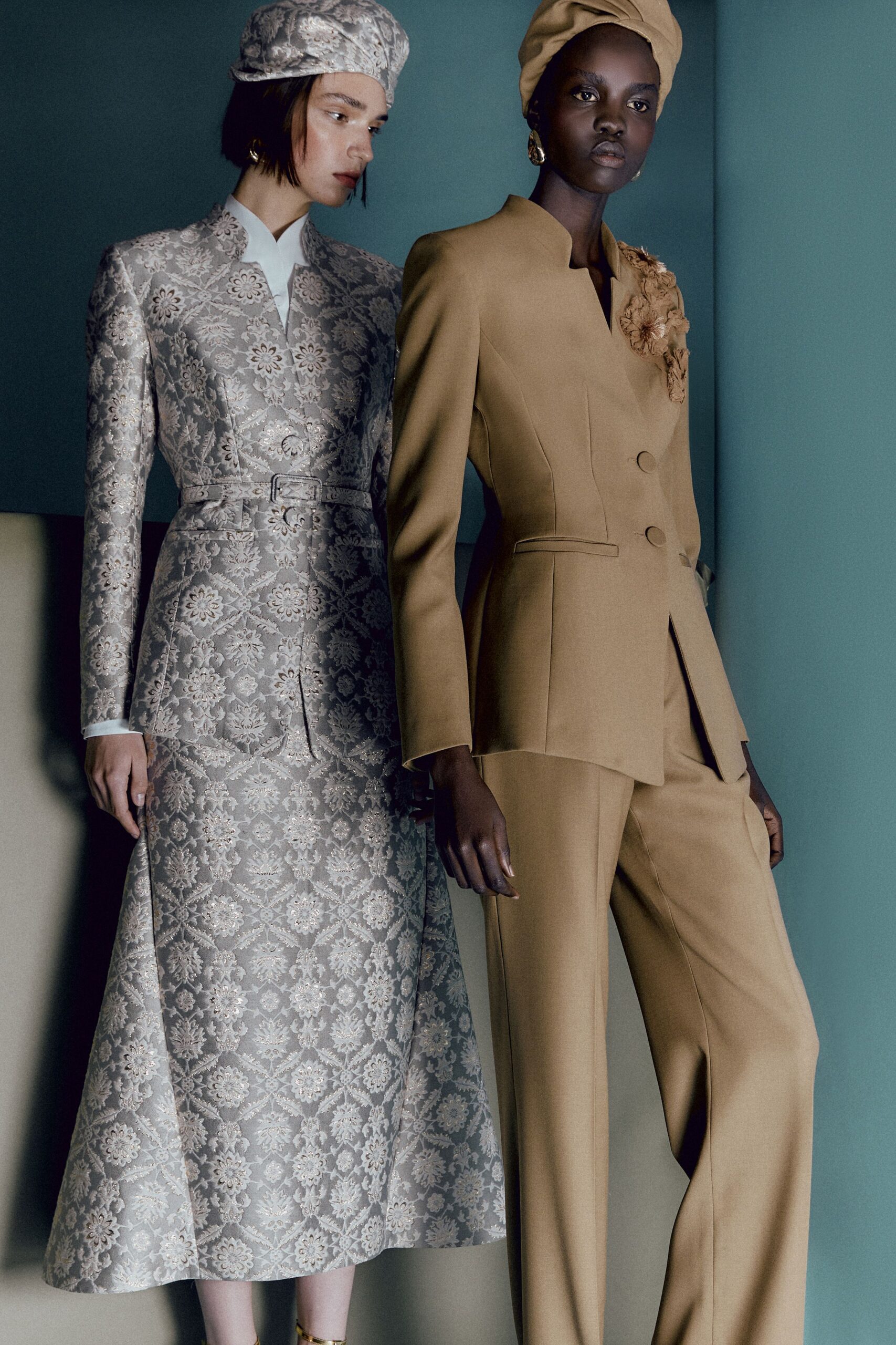 gray silk long-sleeve collared fitted embroidered a-line dress