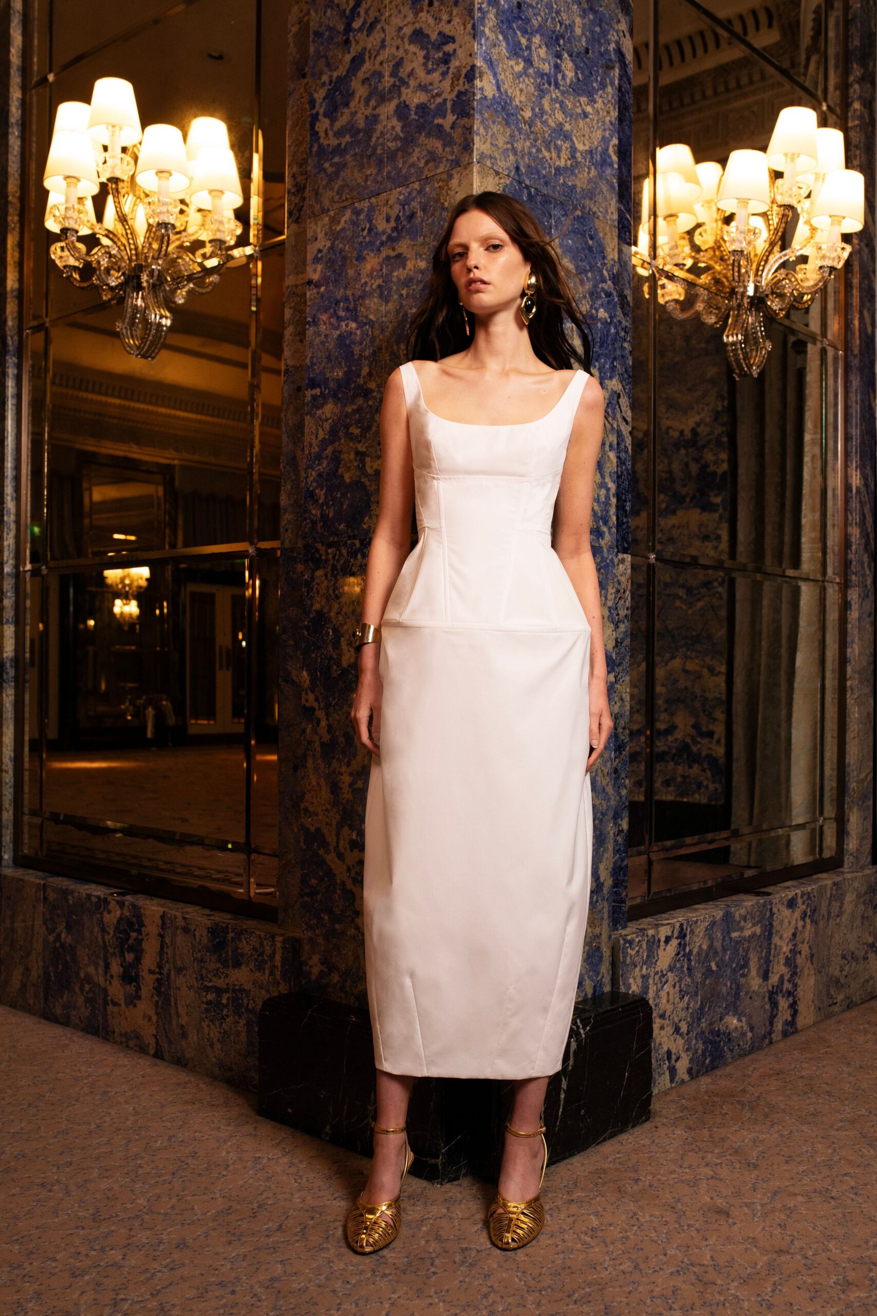 white silk fitted midi dress