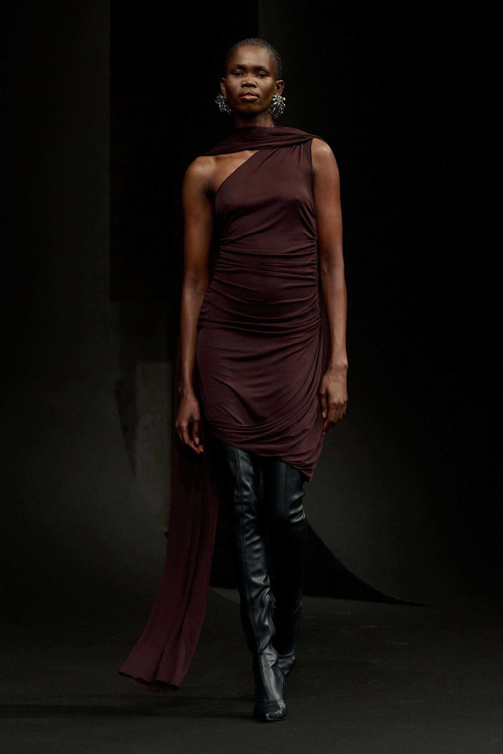 brown silk asymmetric dress with black boots