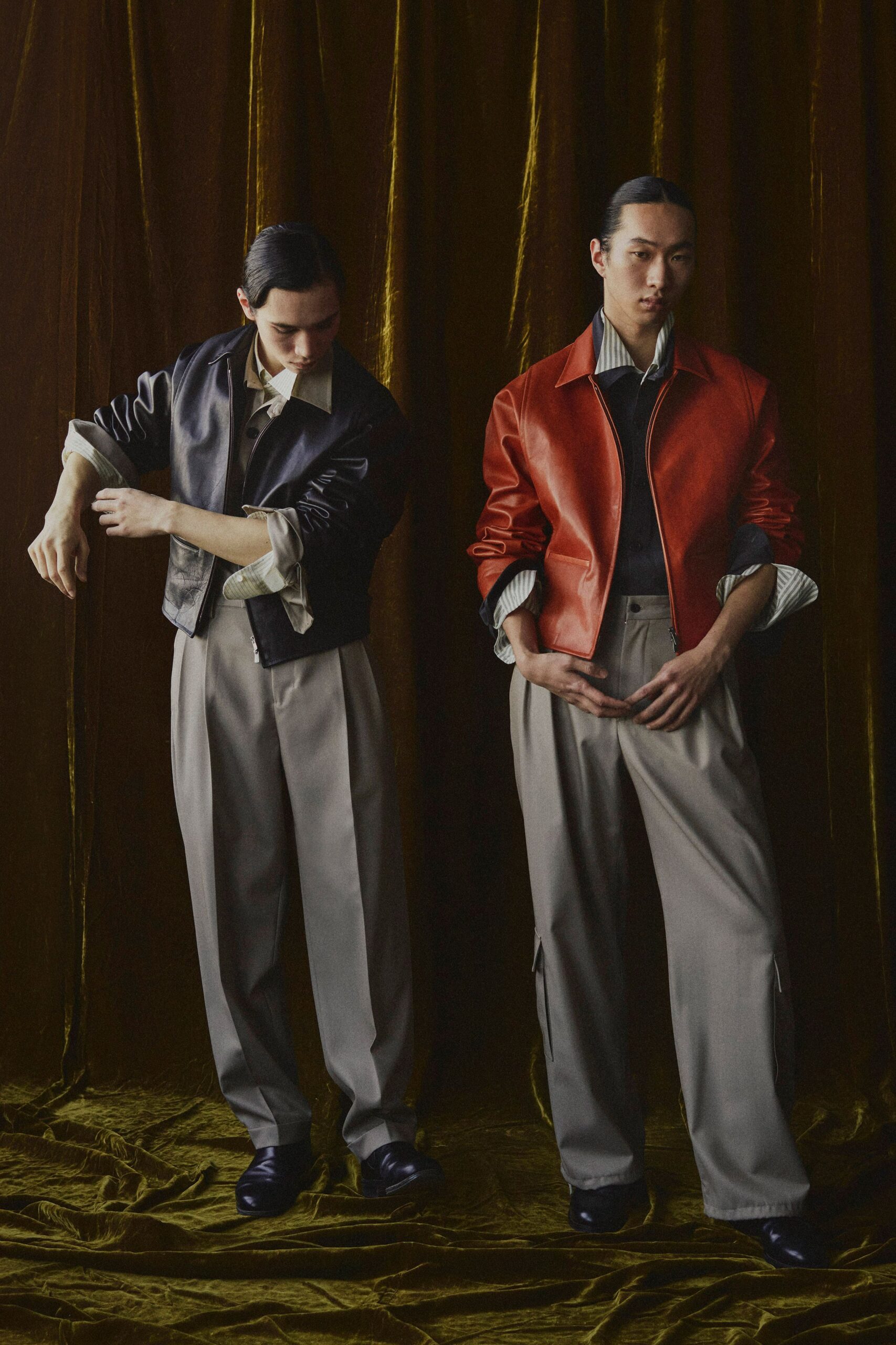 red leather long-sleeve collared fitted jacket