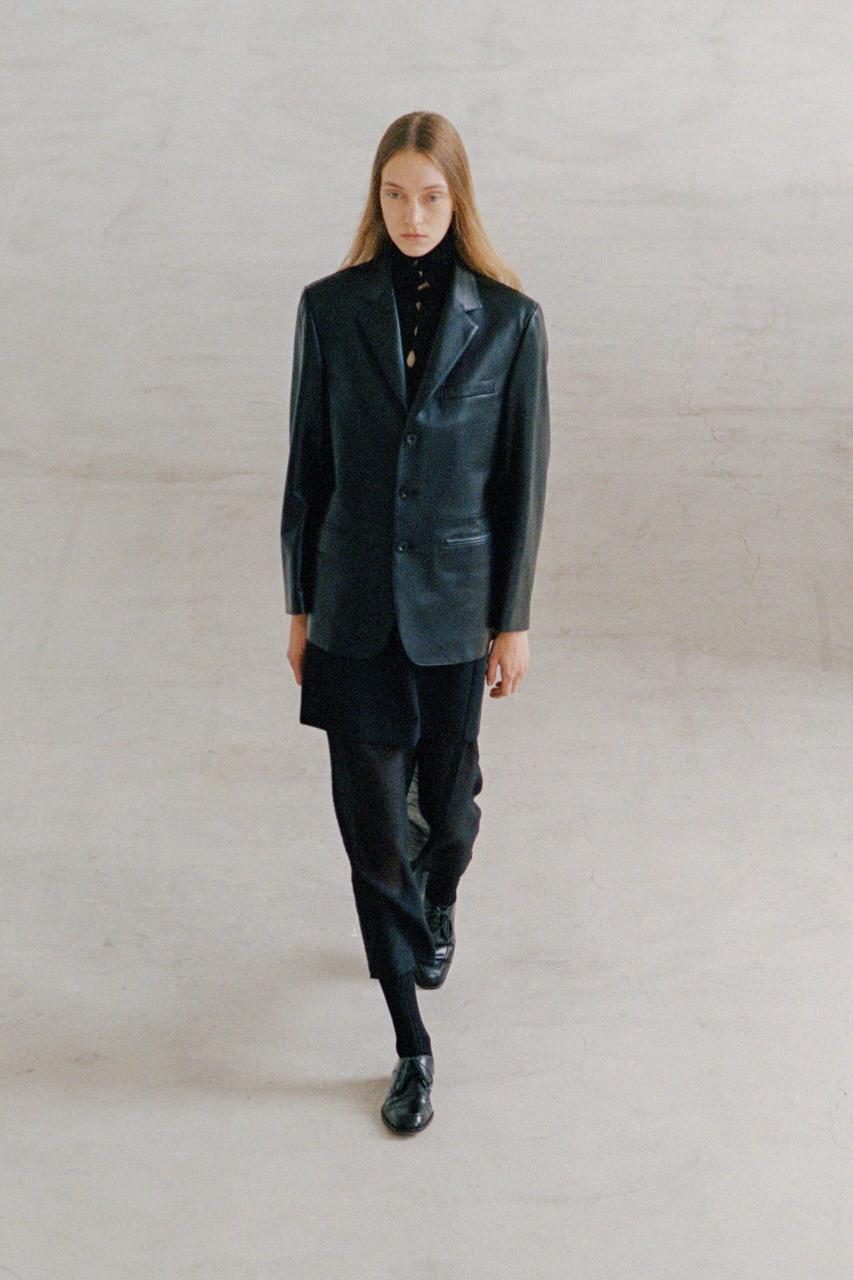 black leather long-sleeve collared structured buttoned blazer