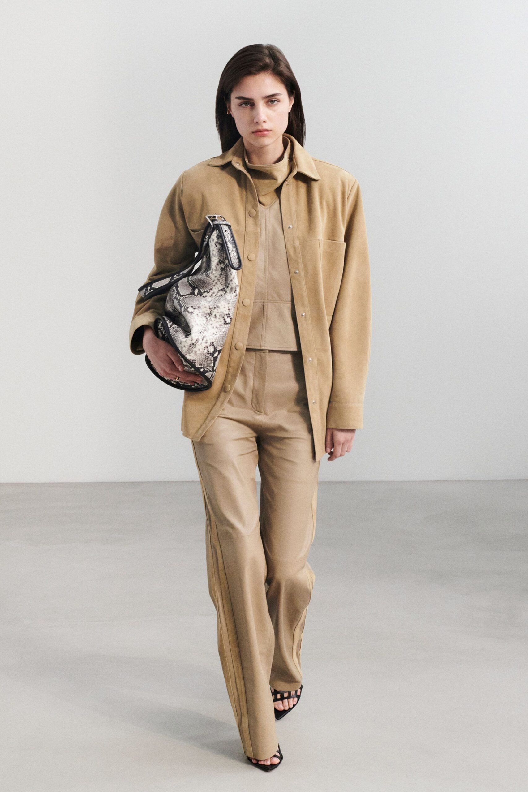 beige suede slim straight-leg pants