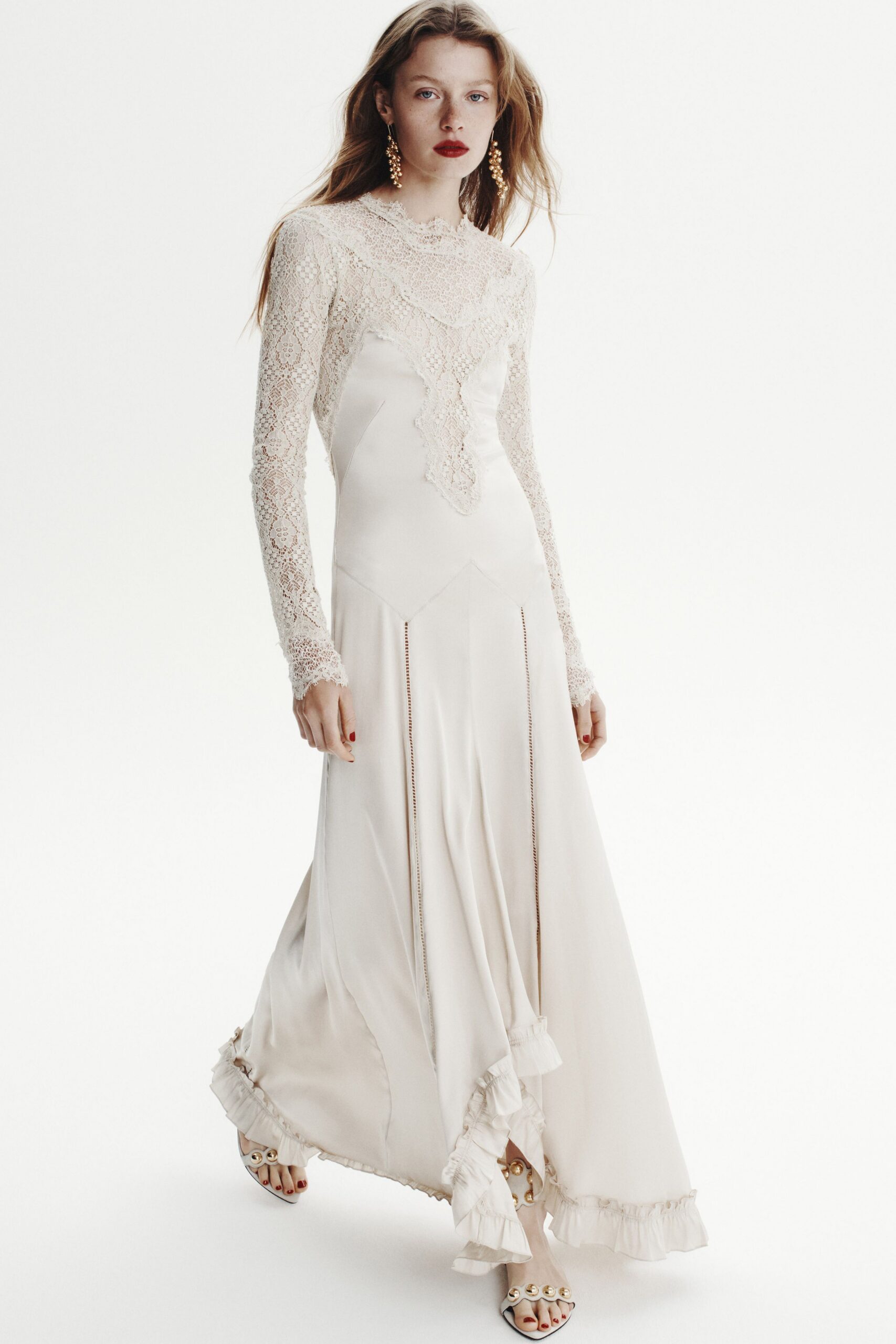 ivory silk long-sleeve high-neck fitted ruffled draped gown