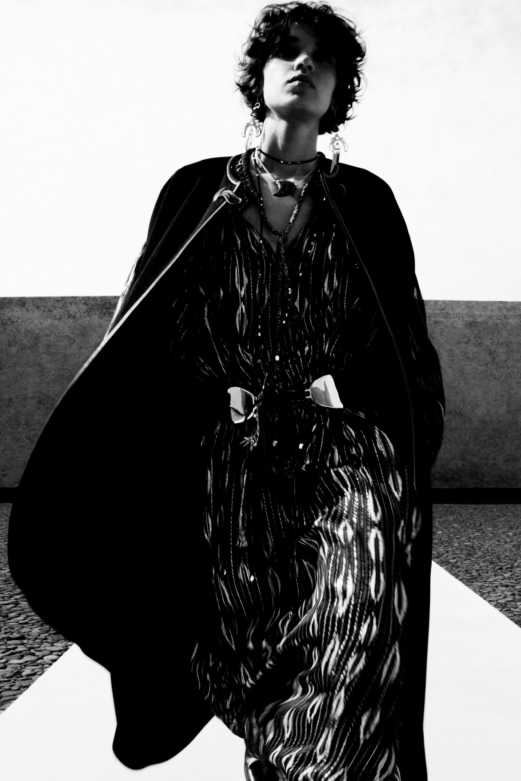 black and white printed maxi dress with cape