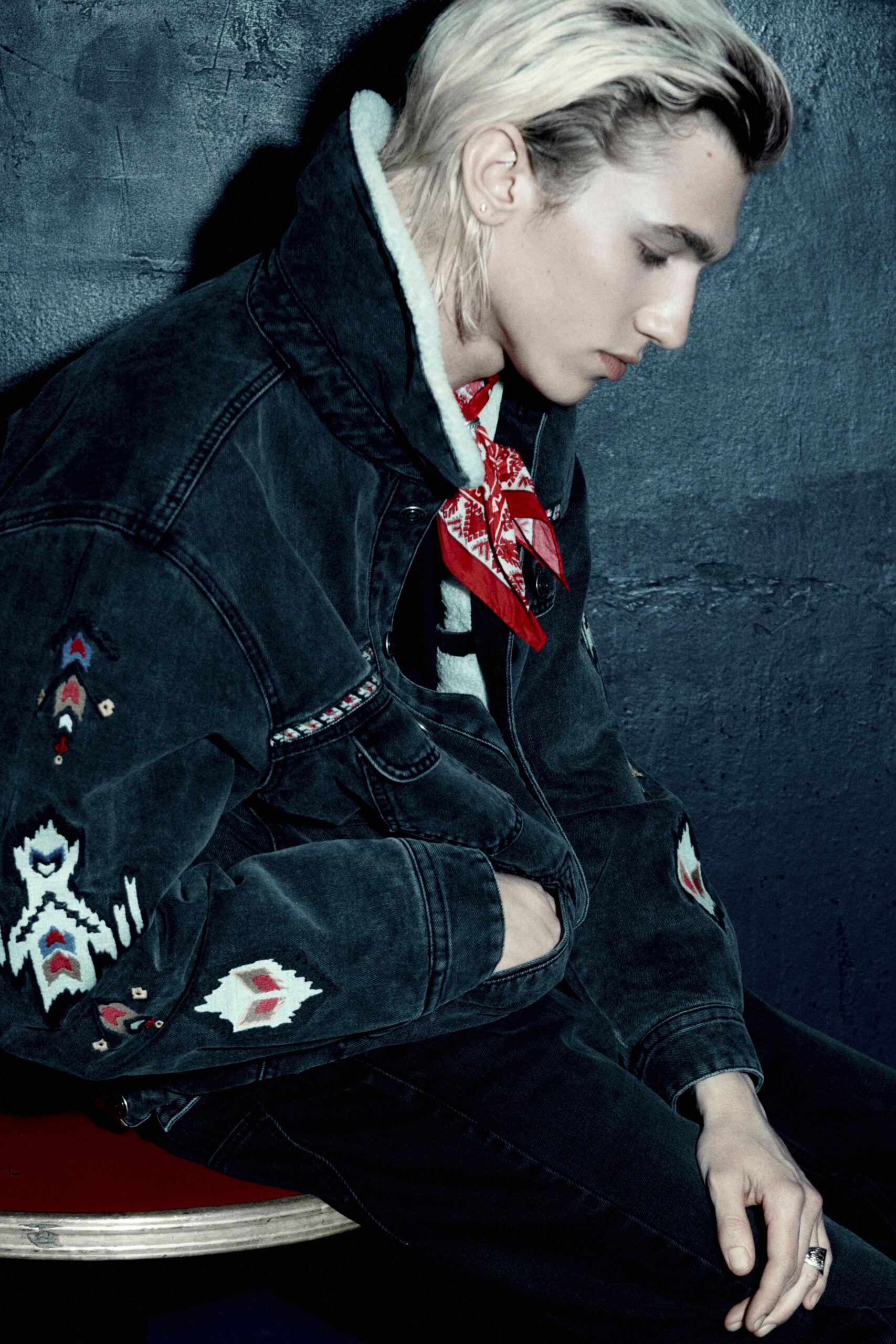 black denim long-sleeve collared relaxed embroidered jacket
