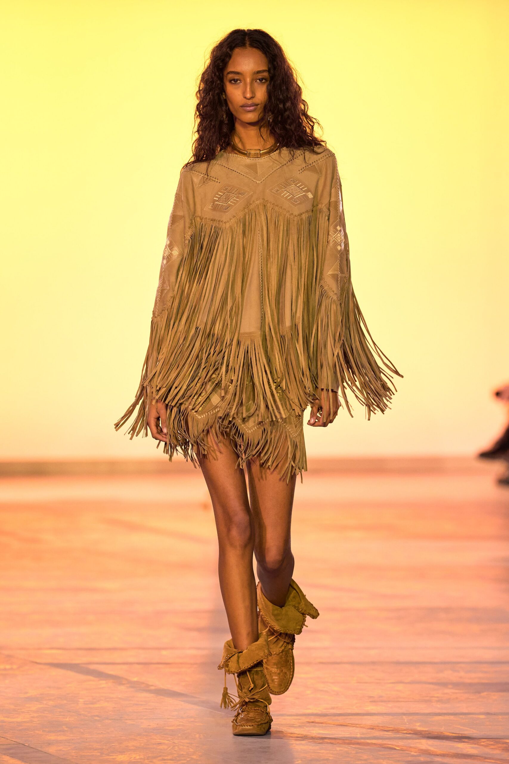 beige suede sleeveless fitted fringed mini dress