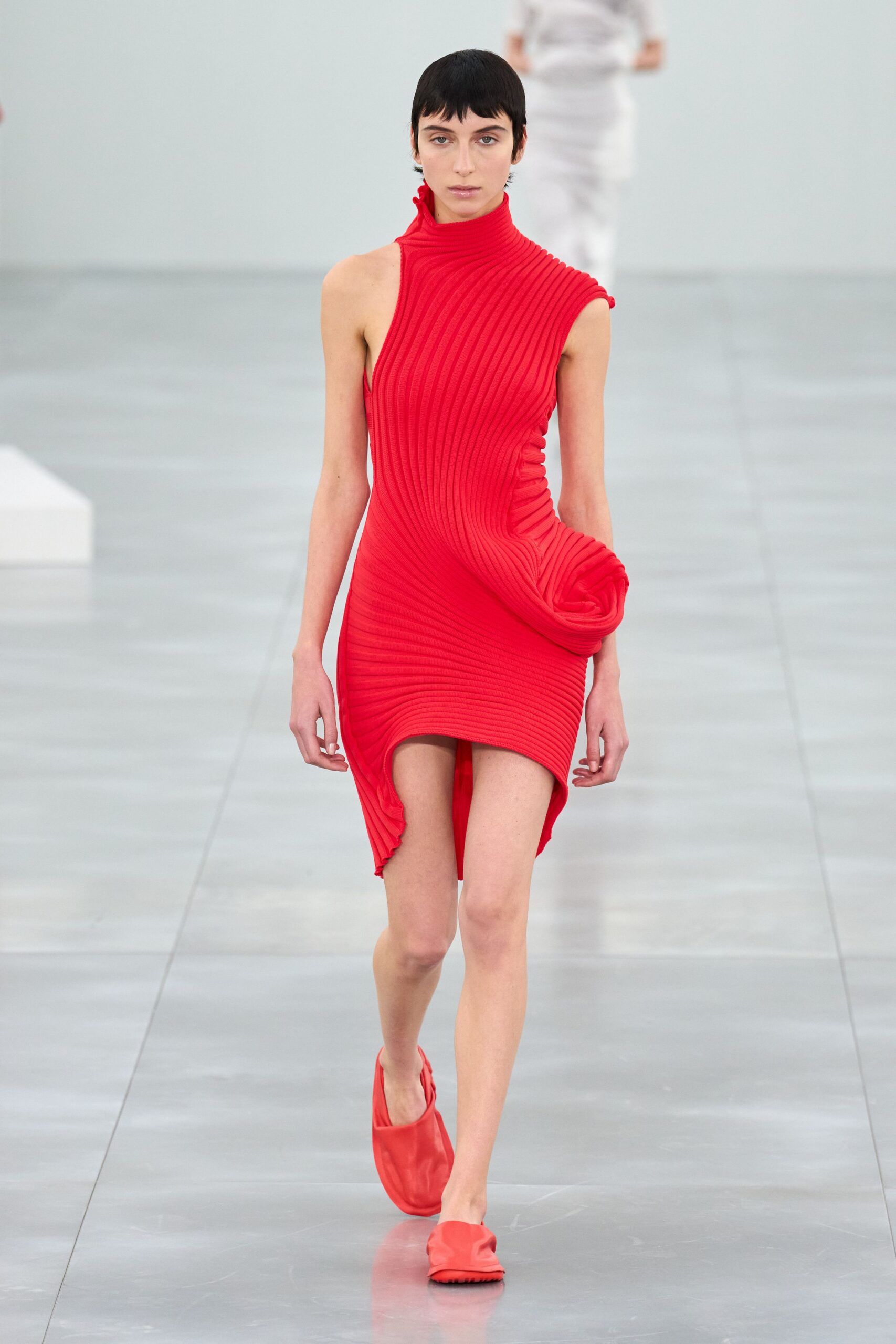 red knit sleeveless high-neck fitted ruched mini dress