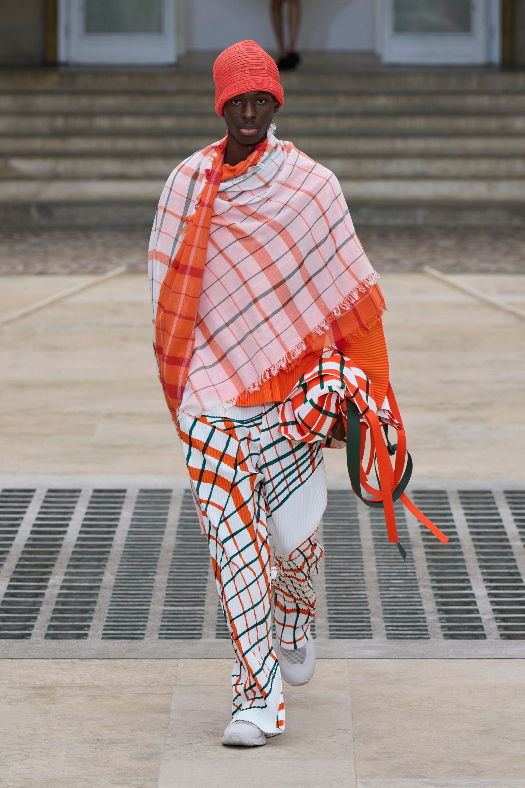 orange relaxed checked fringed poncho