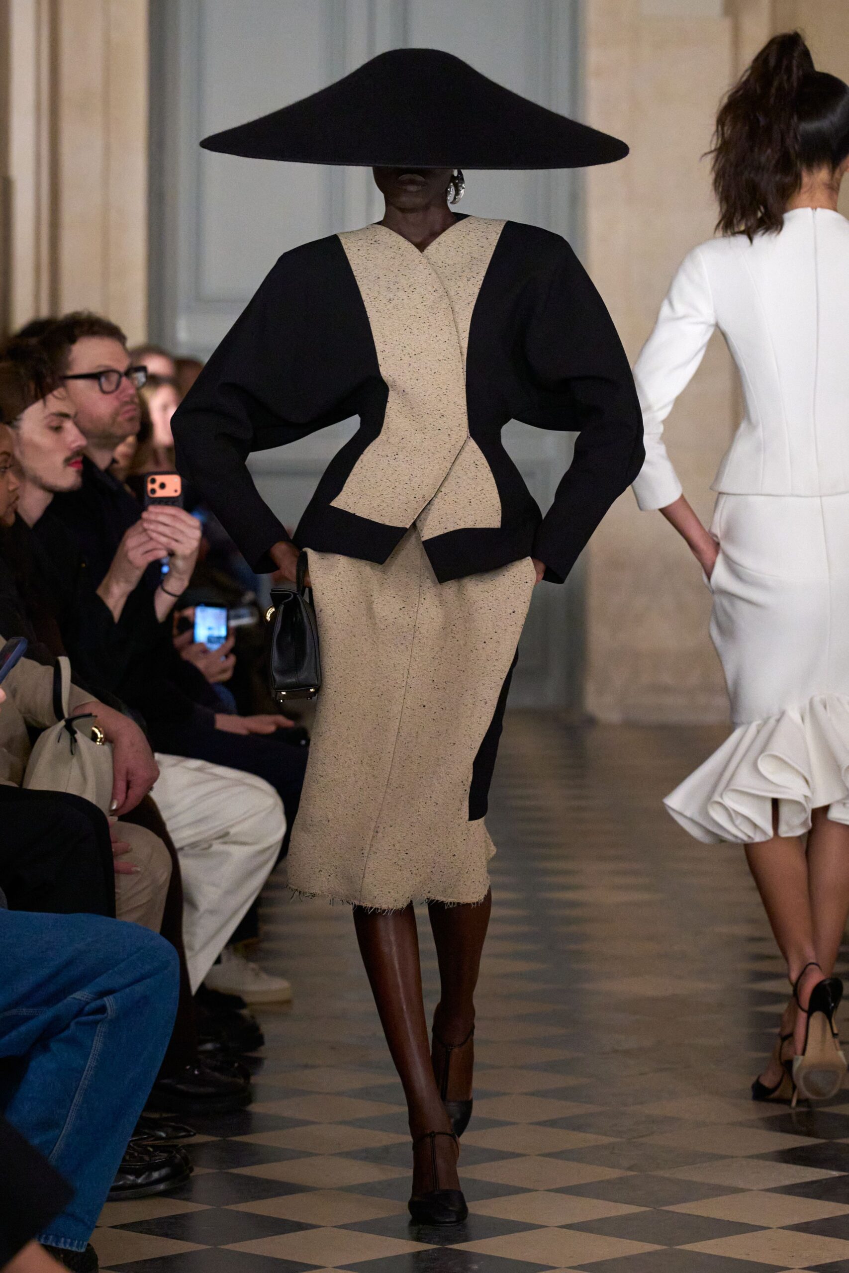 beige cotton long-sleeve v-neck fitted structured midi dress